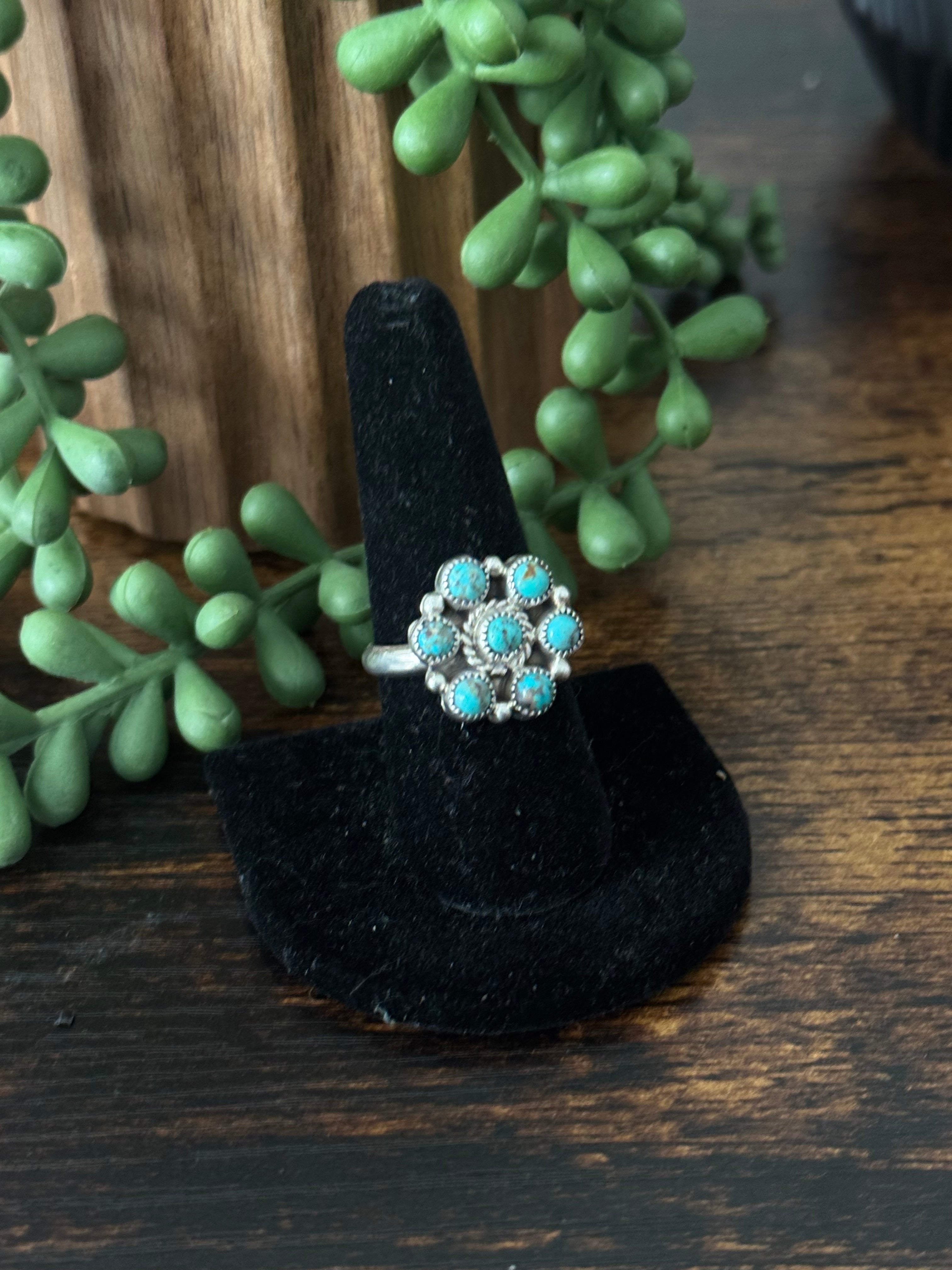 Navajo Made Kingman Turquoise & Sterling Silver Cluster Adjustable Ring