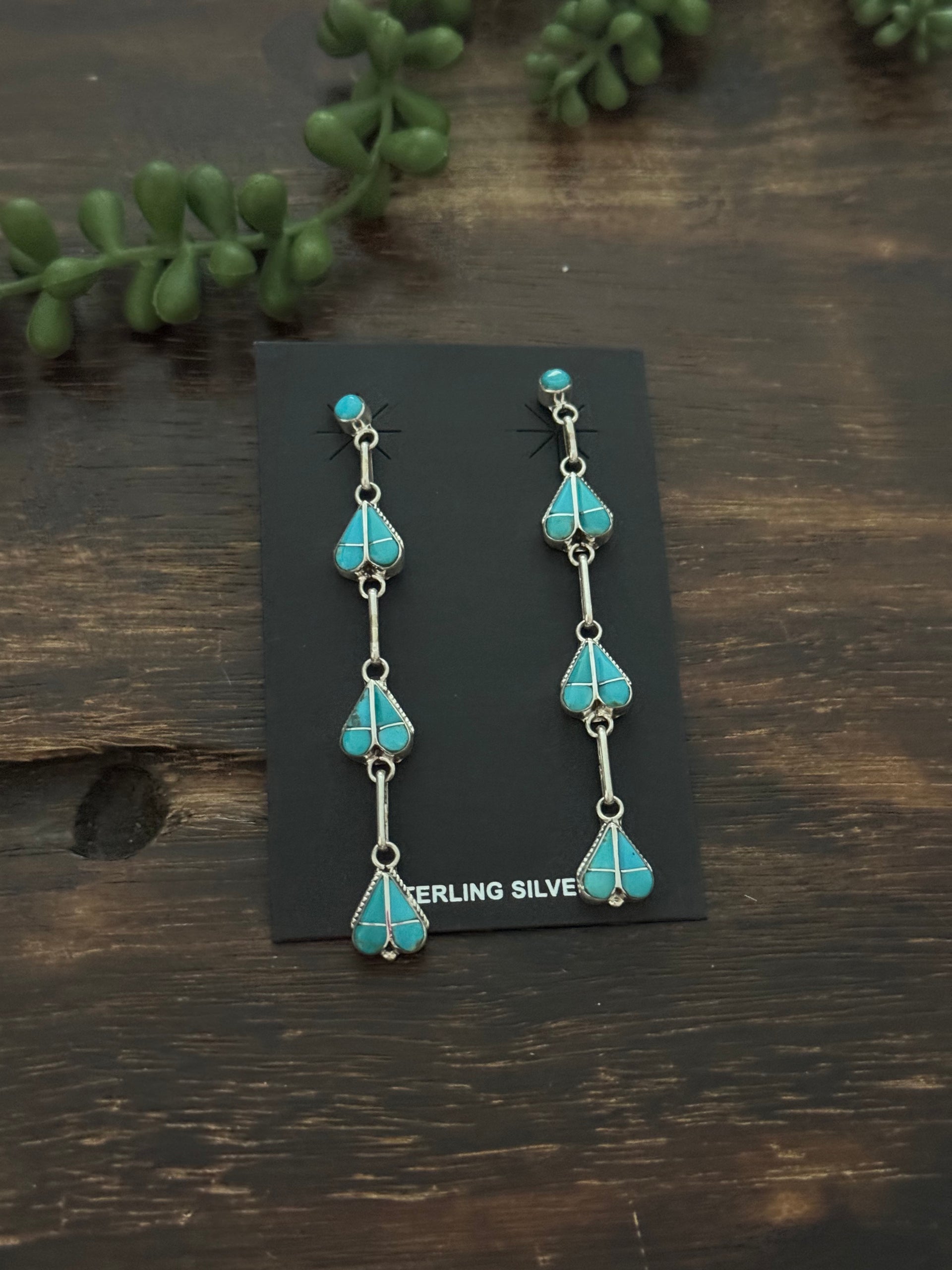 Zuni Made Kingman Turquoise & Sterling Silver Post Dangle Earrings