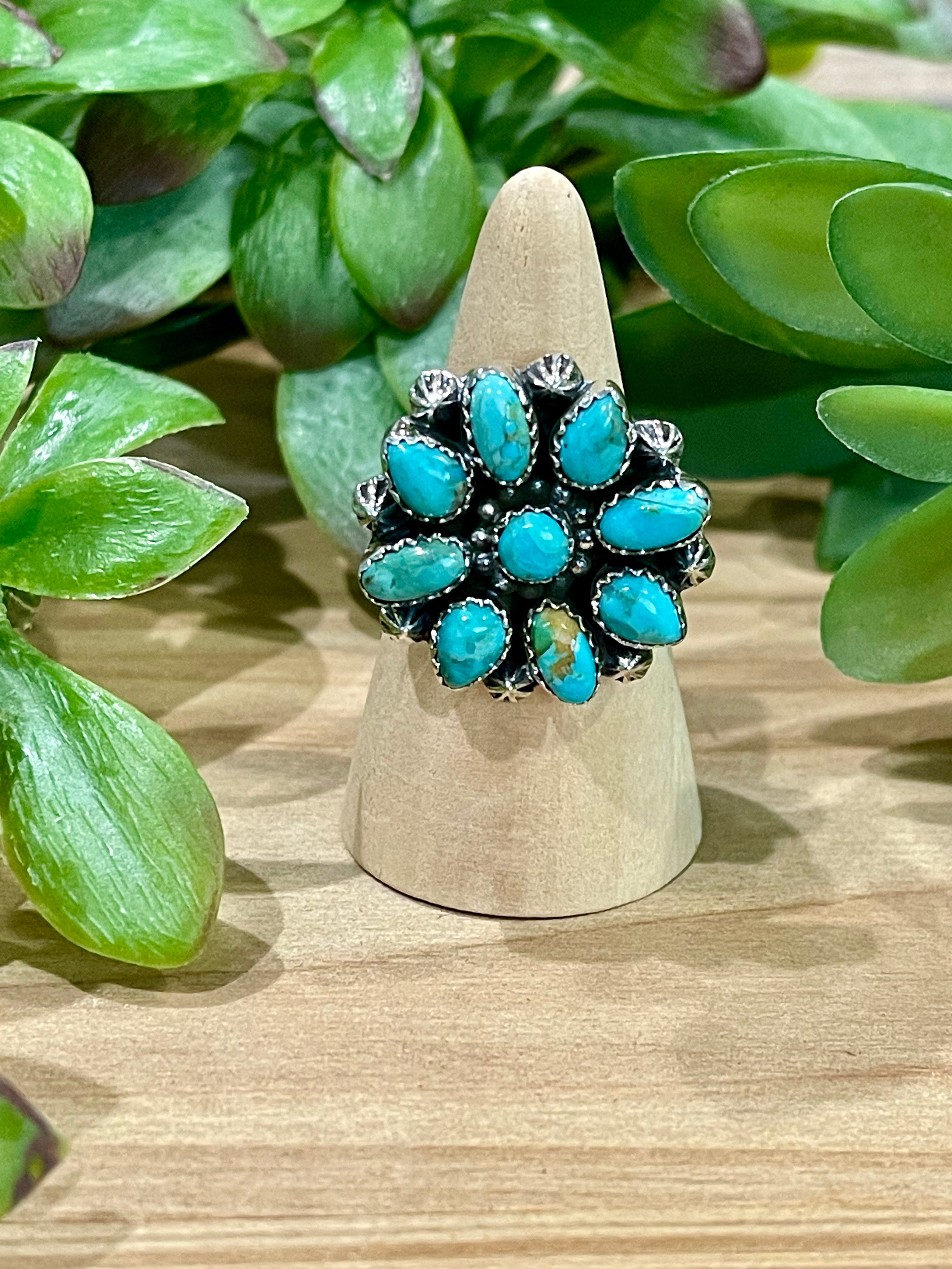 Southwest Handmade Kingman Turquoise & Sterling Silver Adjustable Flower Ring