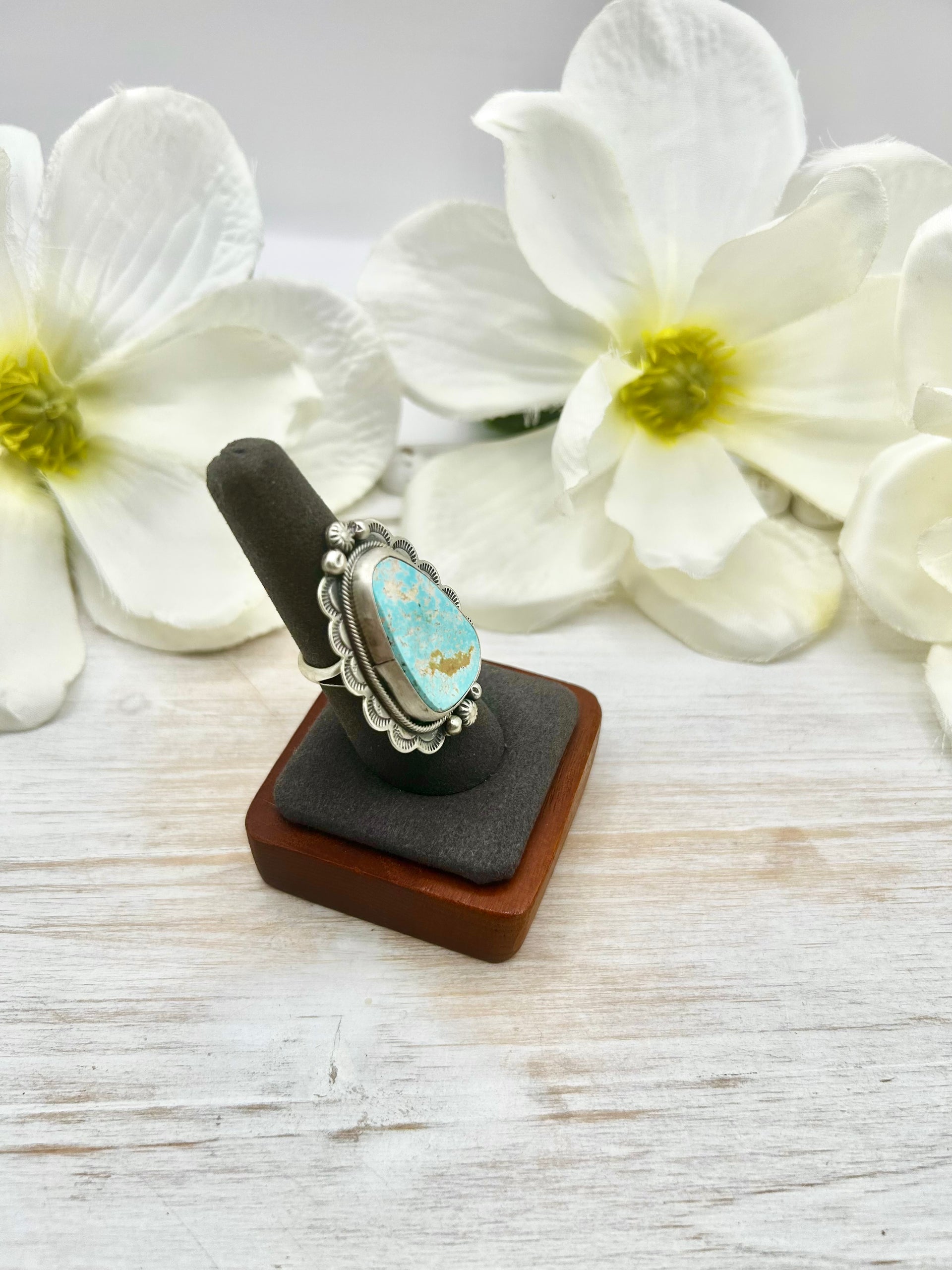 Navajo Made Natural Royston Turquoise & Sterling Silver Ring Size 7.75