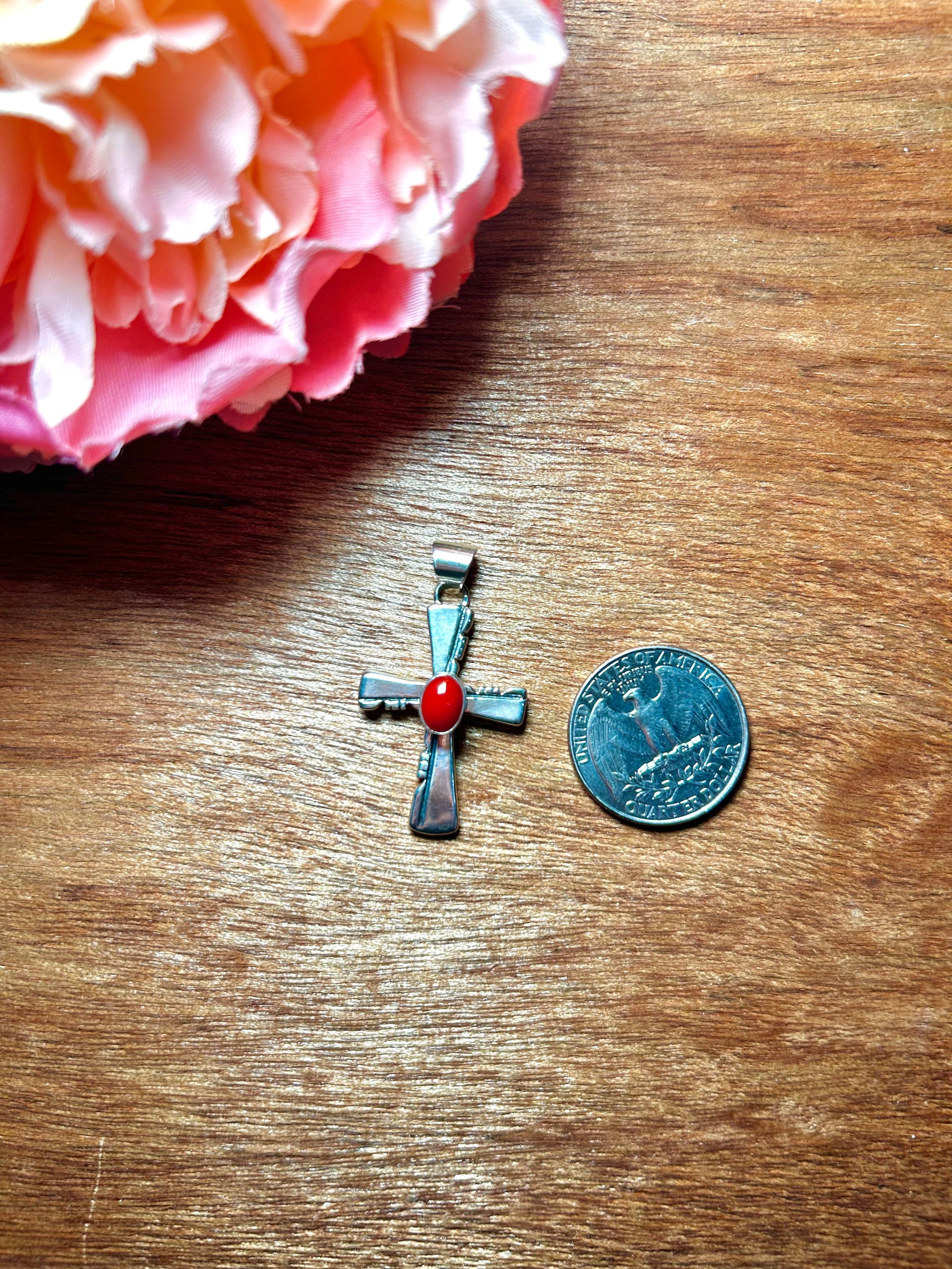 Navajo Made Natural Coral & Sterling Silver Pendant