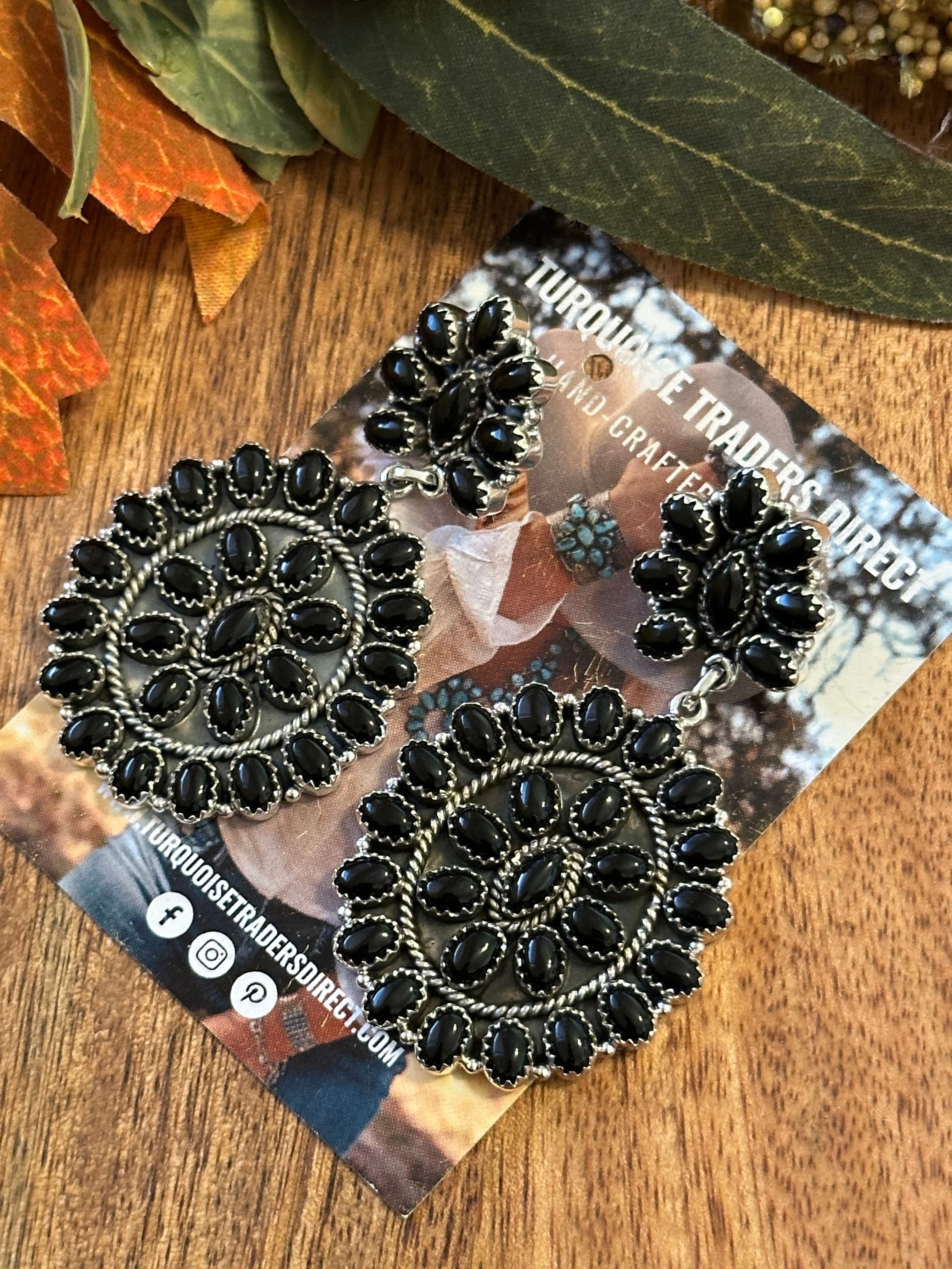 Southwest Handmade Onyx & Sterling Silver Post Dangle Cluster Earrings