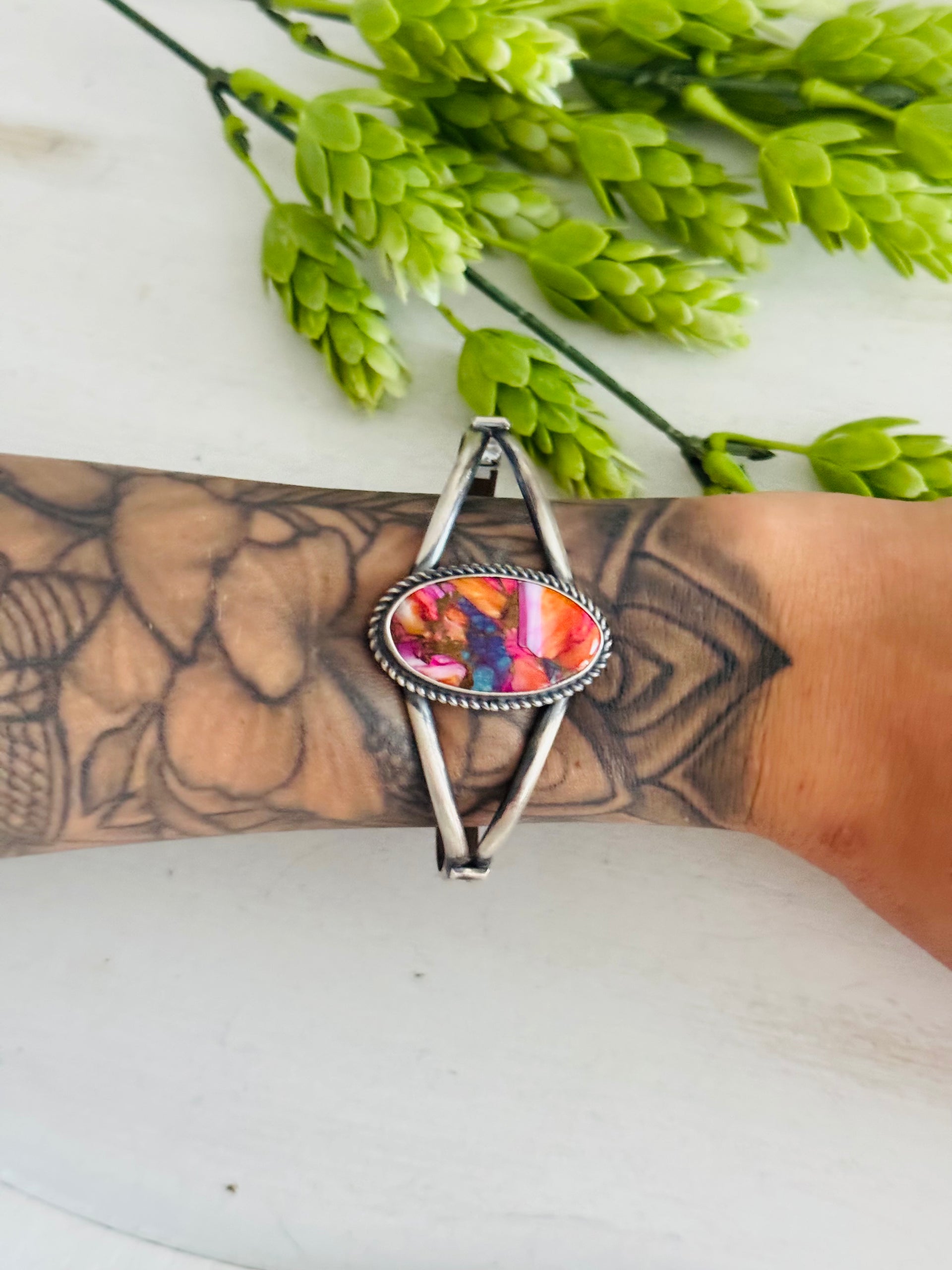 Navajo Made Mohave Turquoise  & Sterling Silver Cuff Bracelet