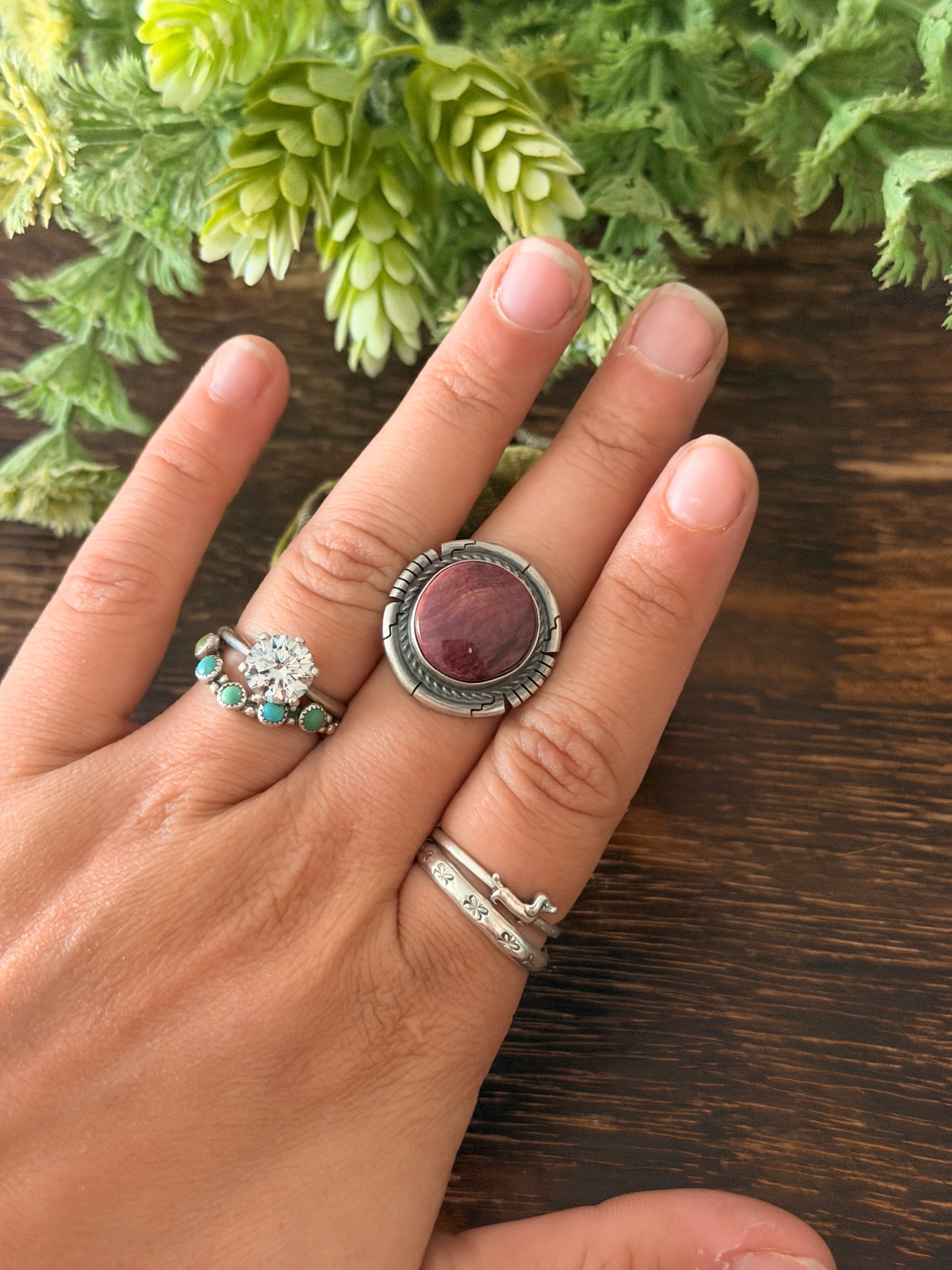 Navajo Made Purple Spiny Oyster & Sterling Silver Ring Size 7.5