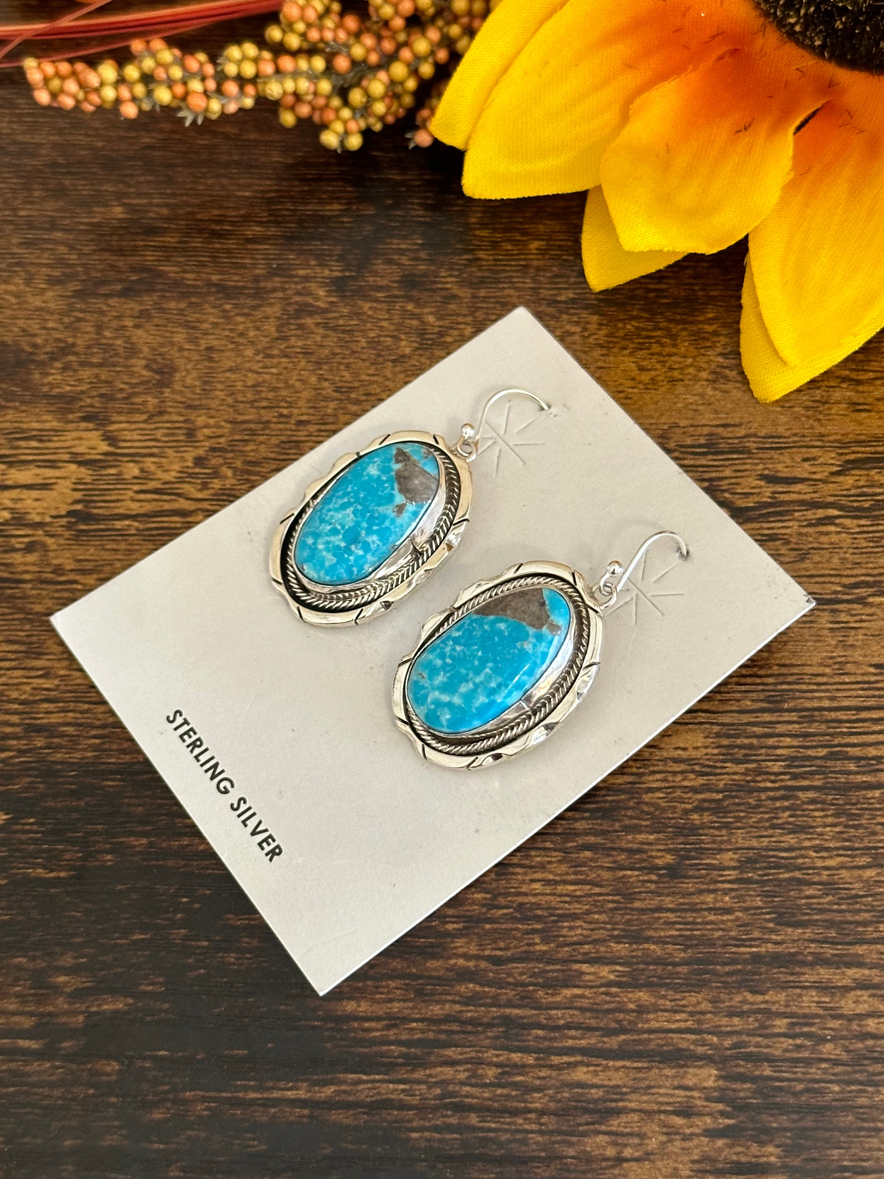 Navajo Made Kingman Turquoise & Sterling Silver Dangle Earrings