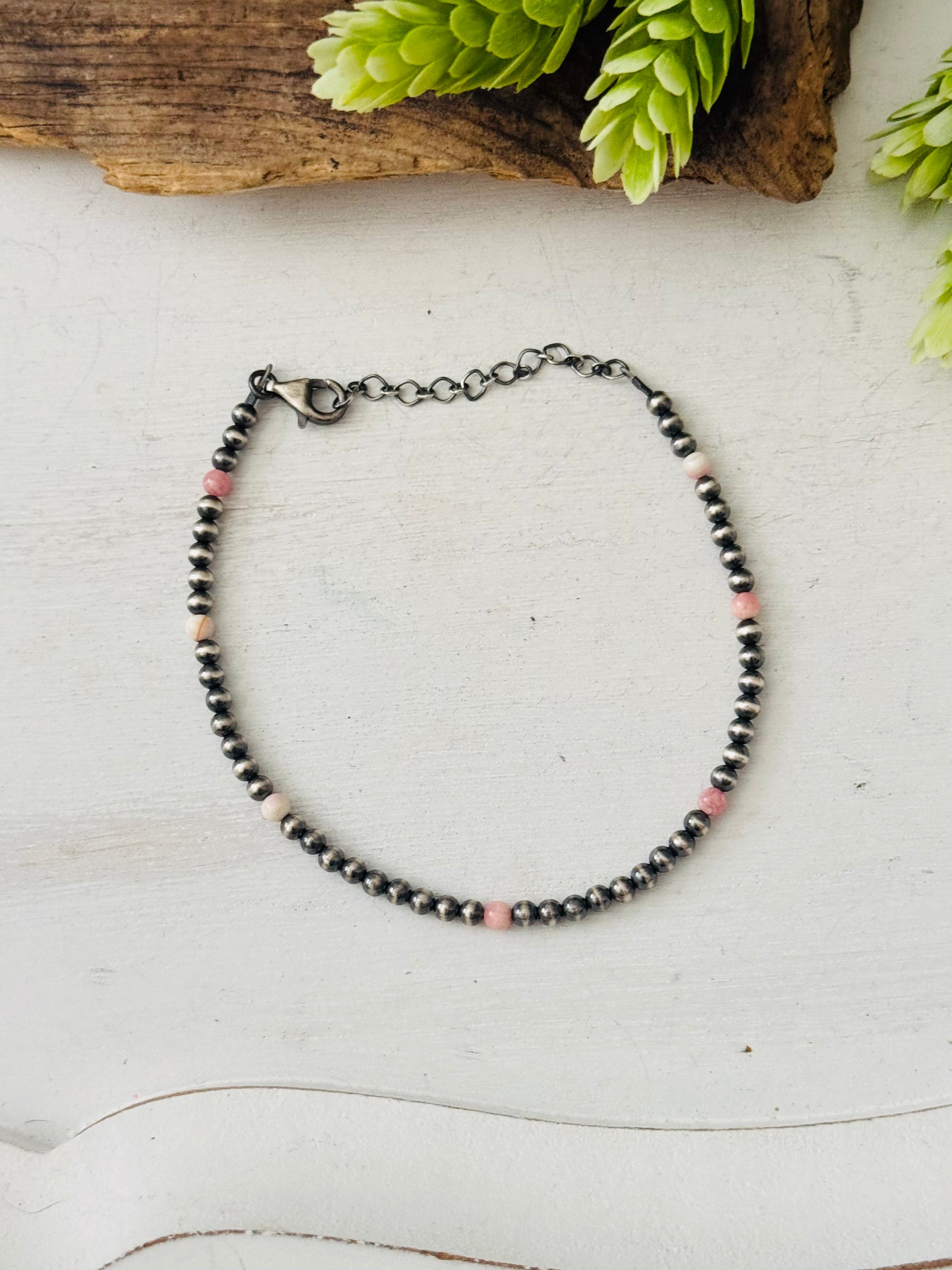 Navajo Made Pink Conch & Sterling Silver Strung Anklet
