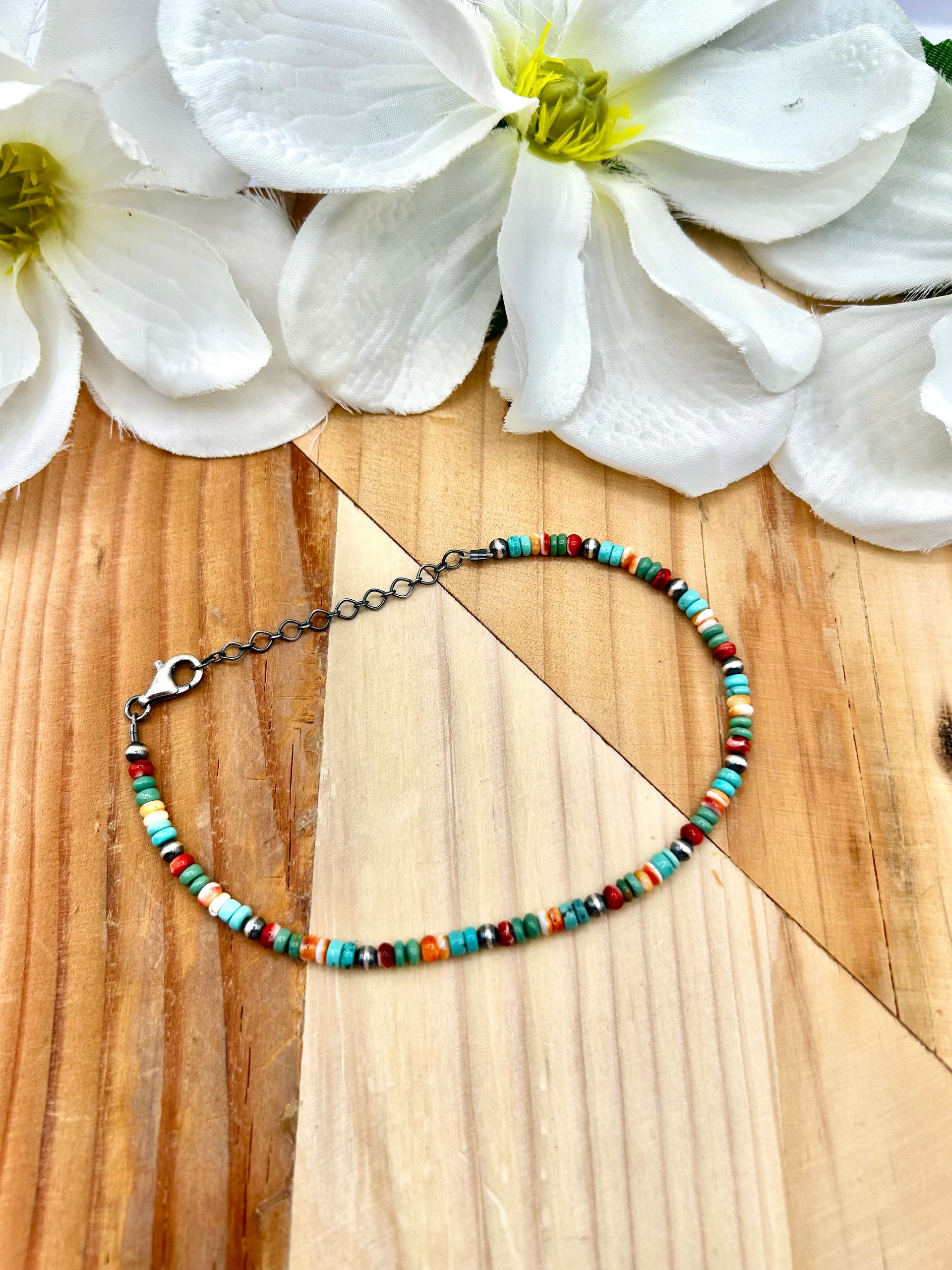 Navajo Made Multi Stone & Sterling Silver Strung Anklet