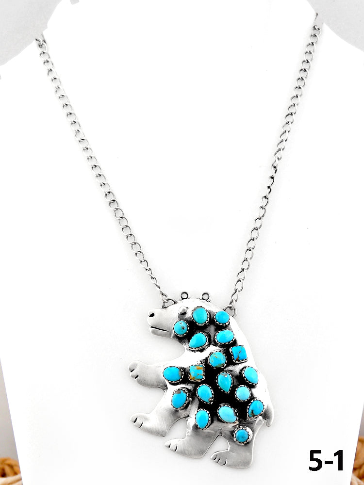 Southwest Handmade Kingman Turquoise & Sterling Silver Bear Necklace