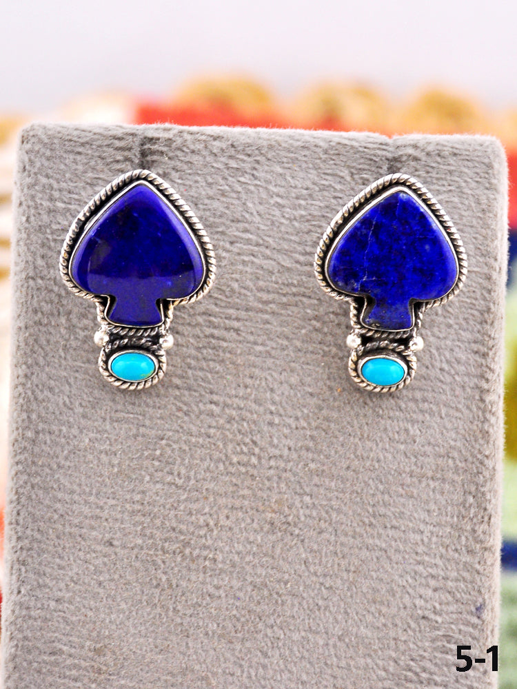 Southwest Made Lapis Lazuli with Kingman Turquoise & Sterling Silver Post Spade Earrings