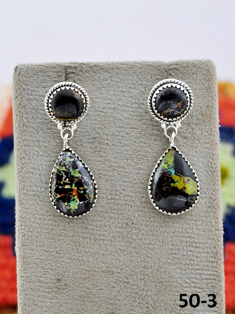 Southwest Made Black Jack Turquoise & Sterling Silver Post Dangle Earrings