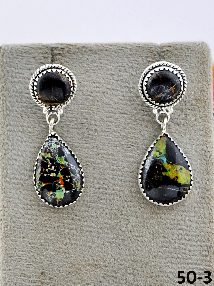 Southwest Made Black Jack Turquoise & Sterling Silver Post Dangle Earrings