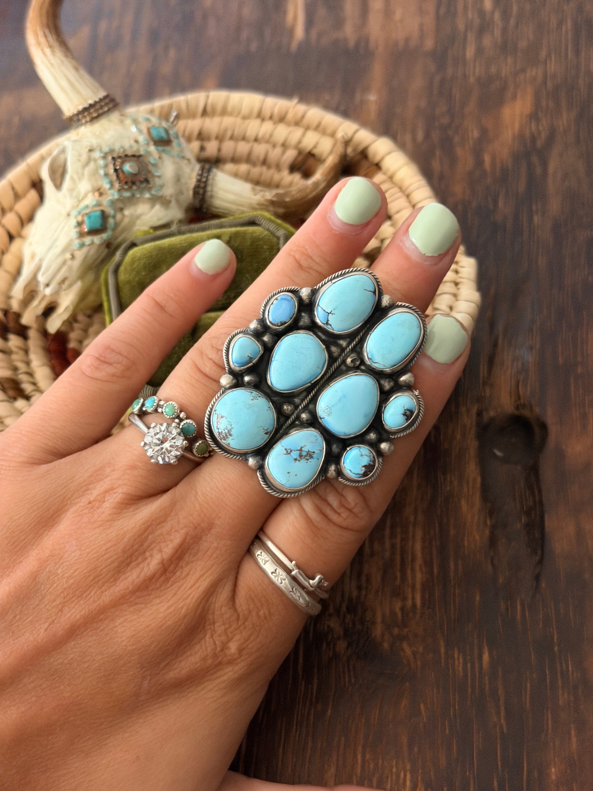 Sheila Becenti Golden Hills Turquoise Sterling Silver Cluster Adjustable Ring