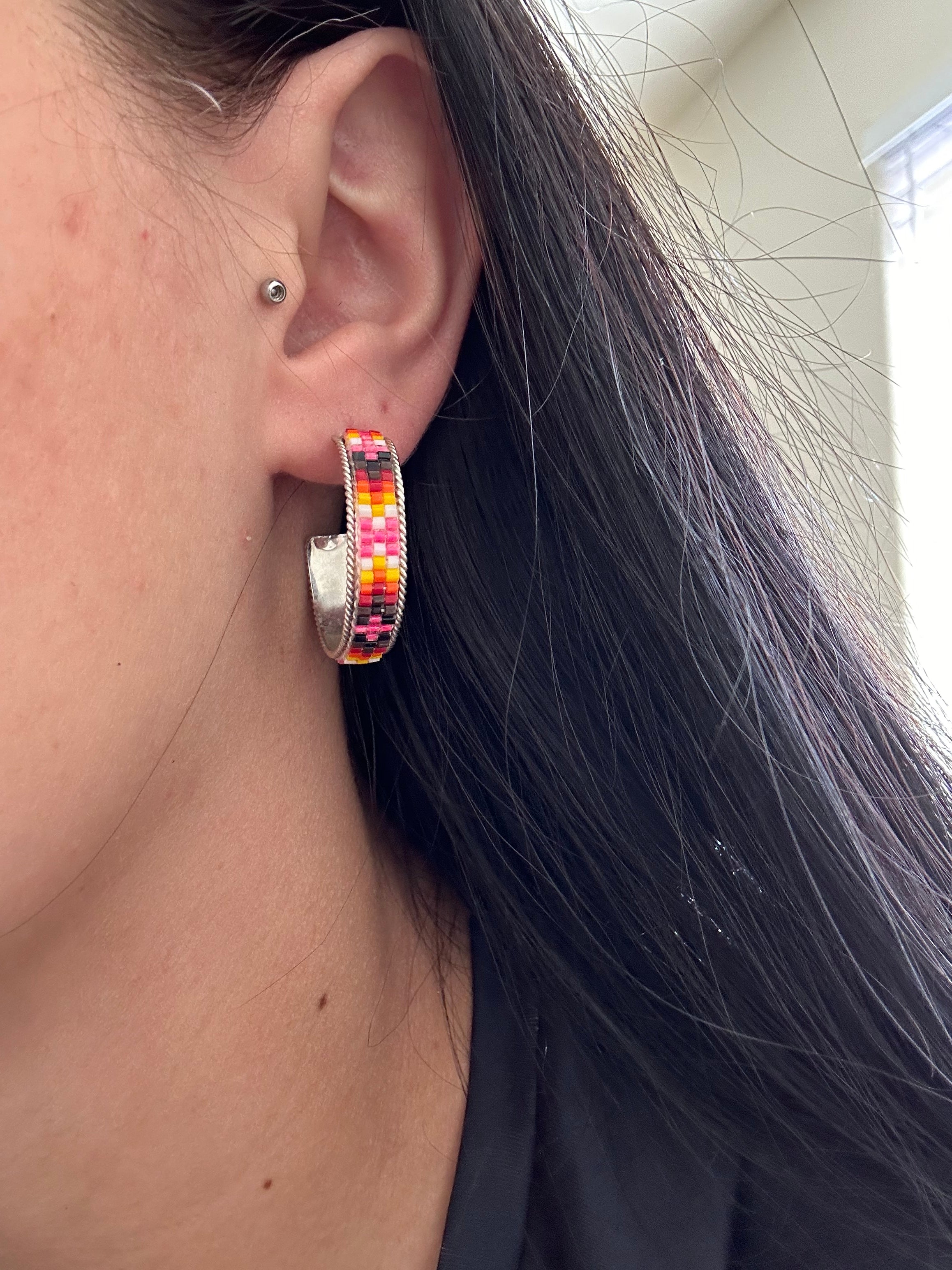 Ramone Yazzie Beaded Sterling Silver Hoop Post Earrings