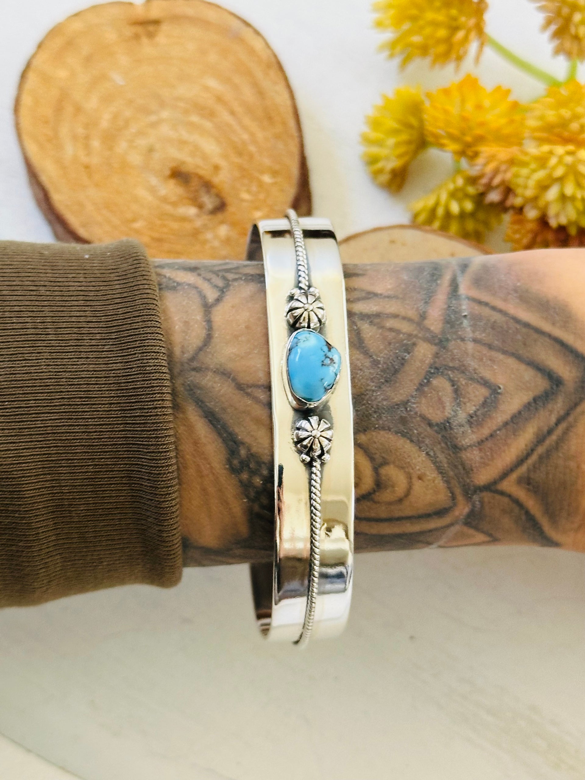 Southwest Made Golden Hills Turquoise & Sterling Silver Cuff Bracelet