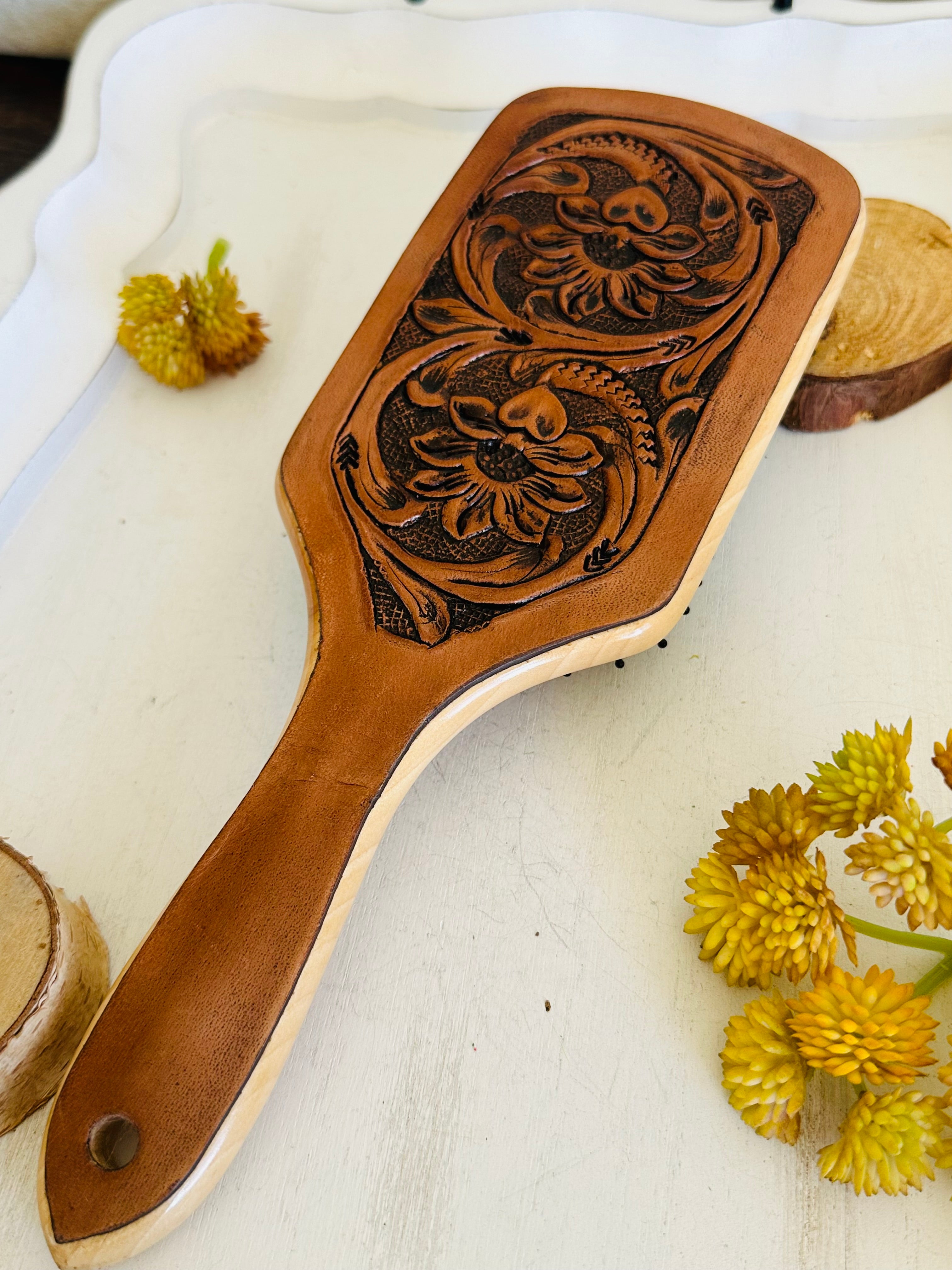 Genuine Tooled Leather Hair Brush