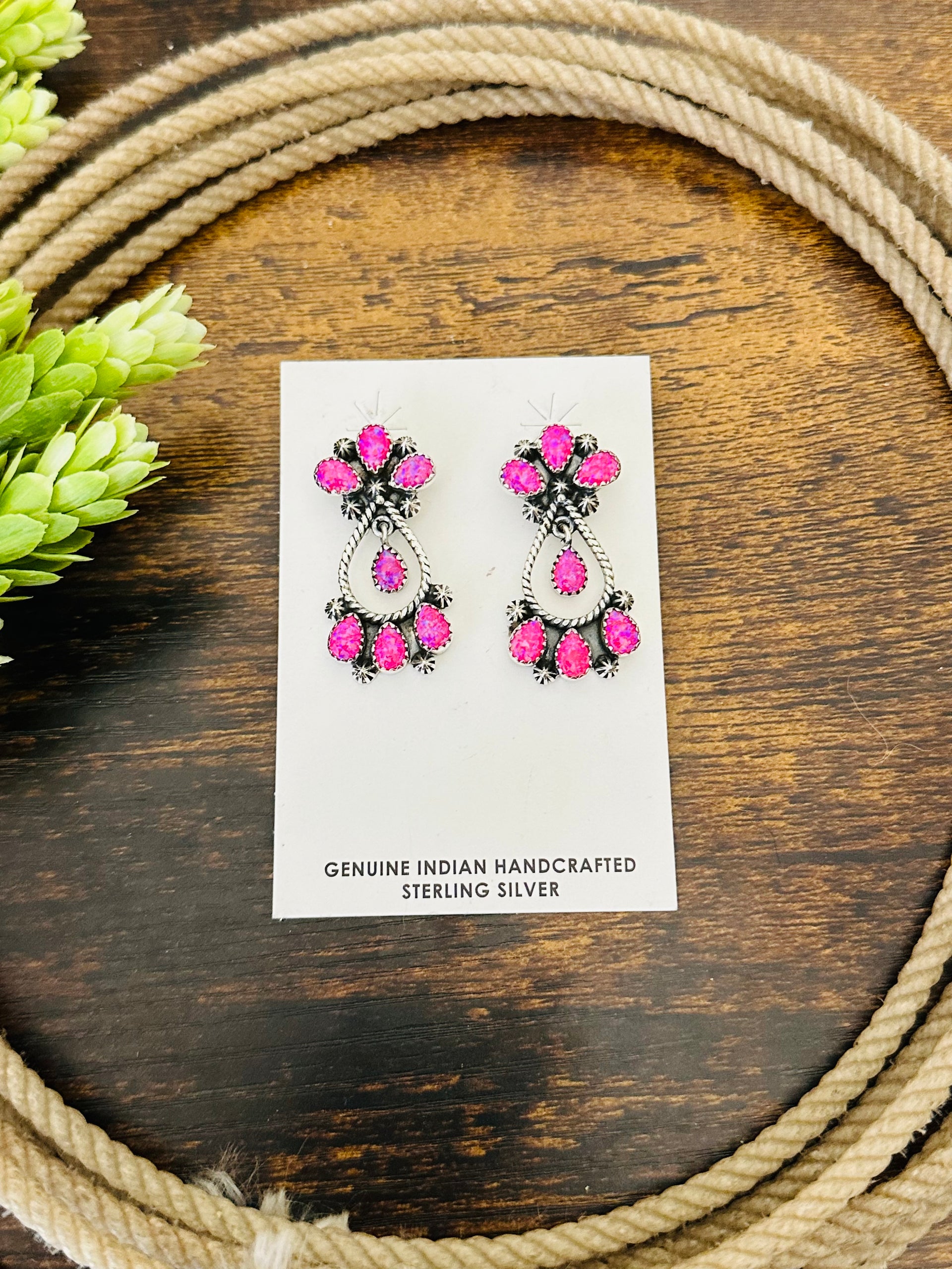 Southwest Handmade Pink Opal & Sterling Silver Post Dangle Earrings
