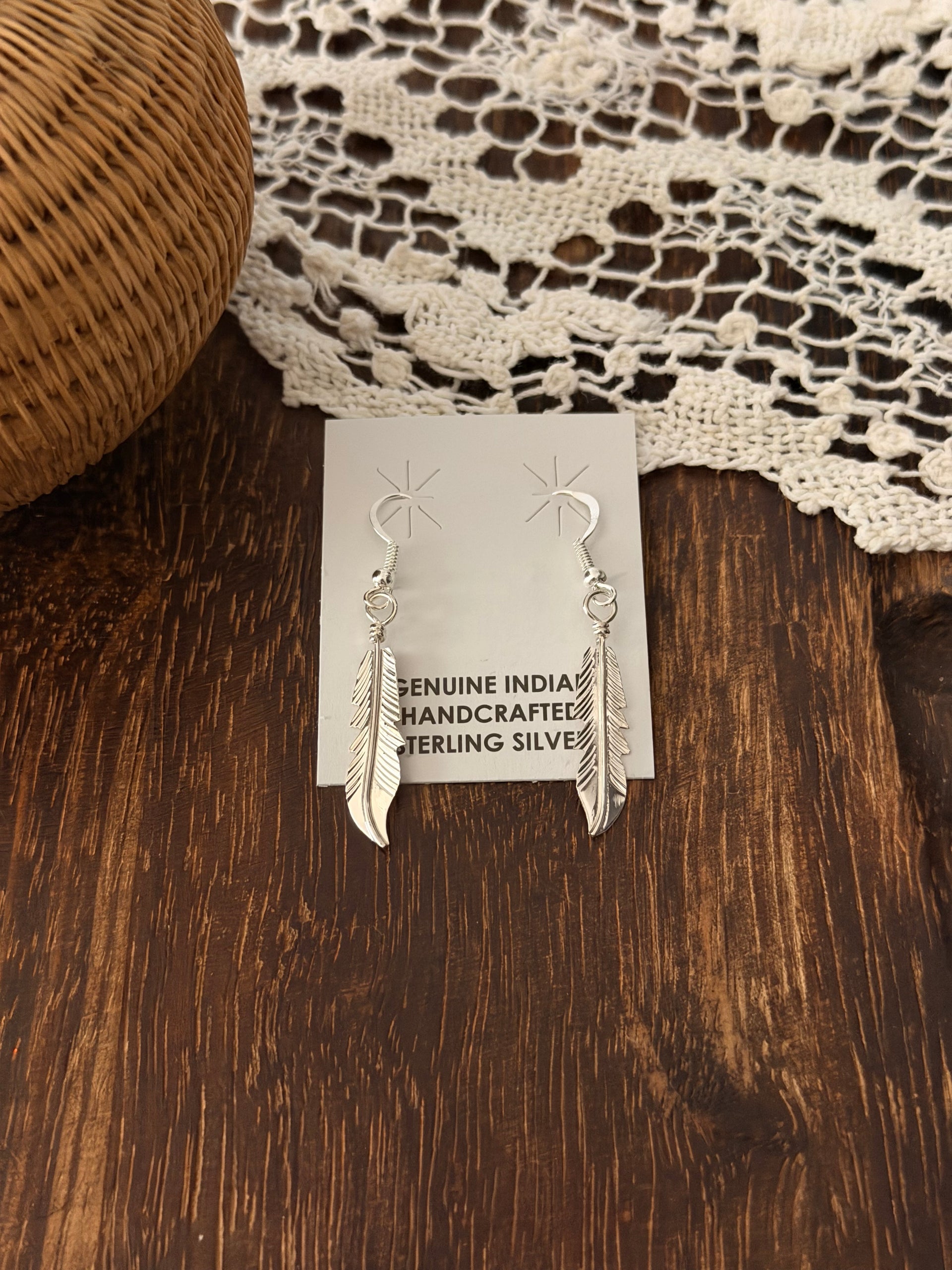 Navajo Made Sterling Silver Feather Dangle Earrings
