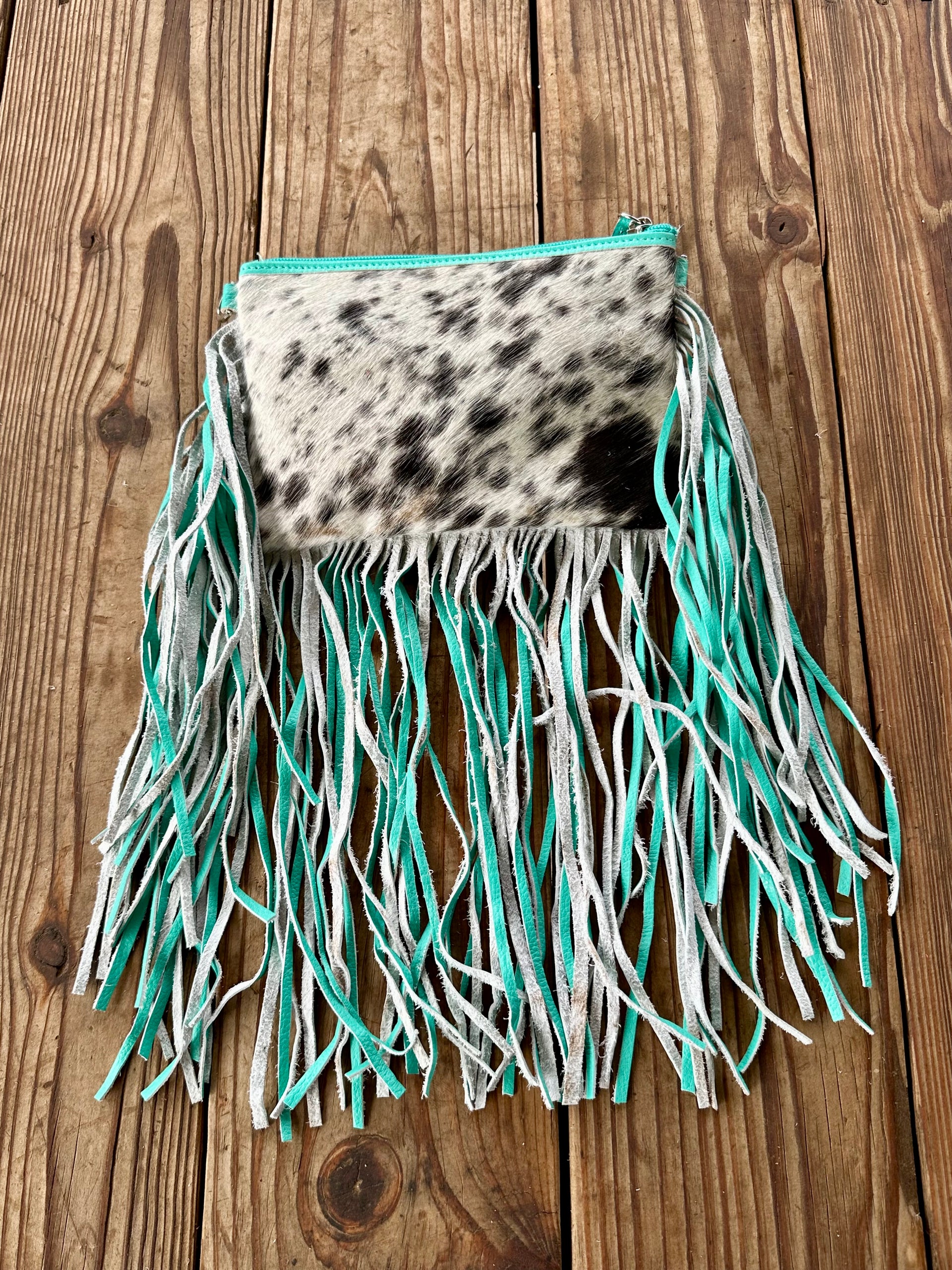 Genuine Leather Cowhide Tooled Cross Body Fringe Purse