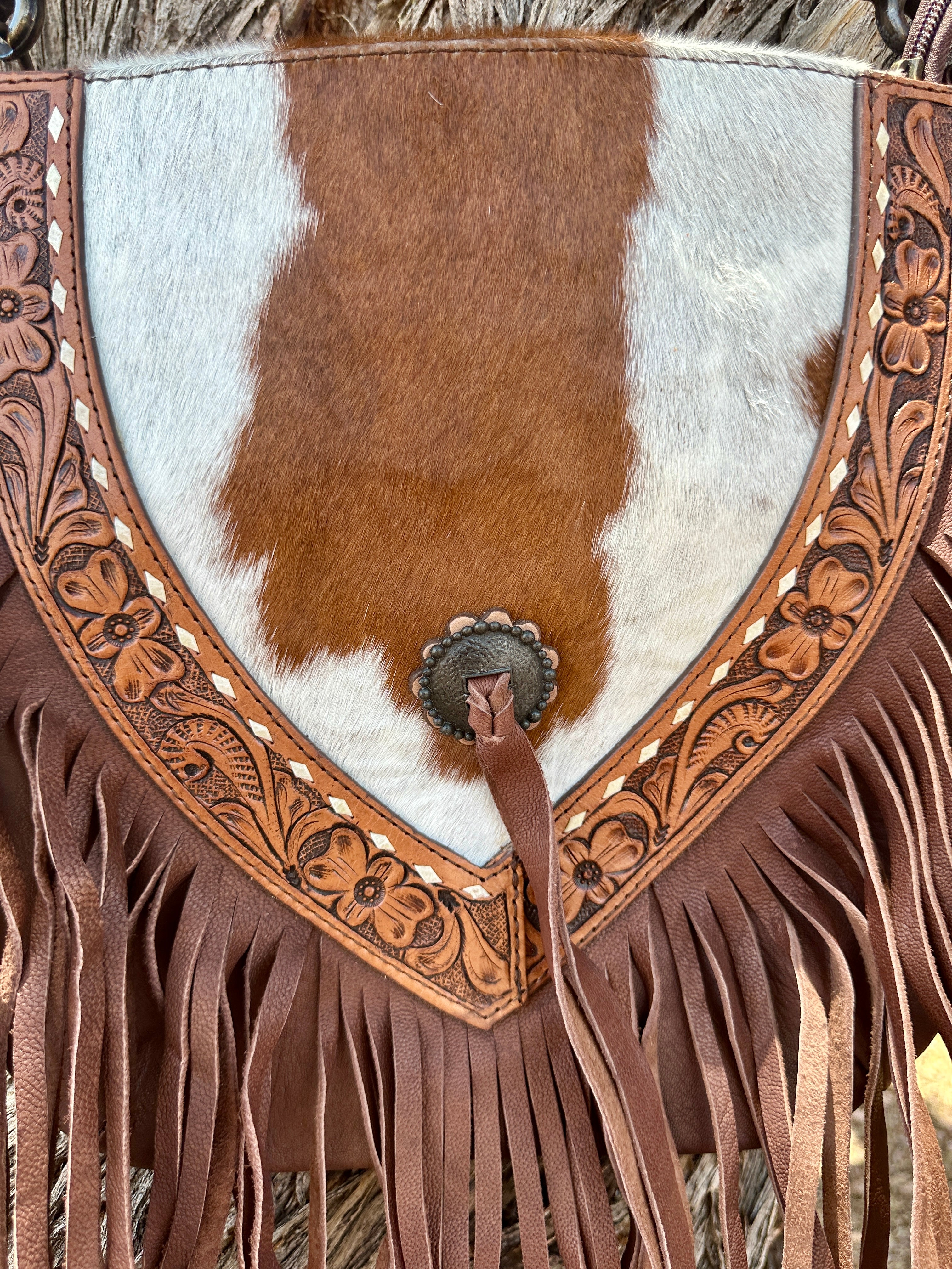 Genuine Tooled Leather & Cowhide Fringe Purse