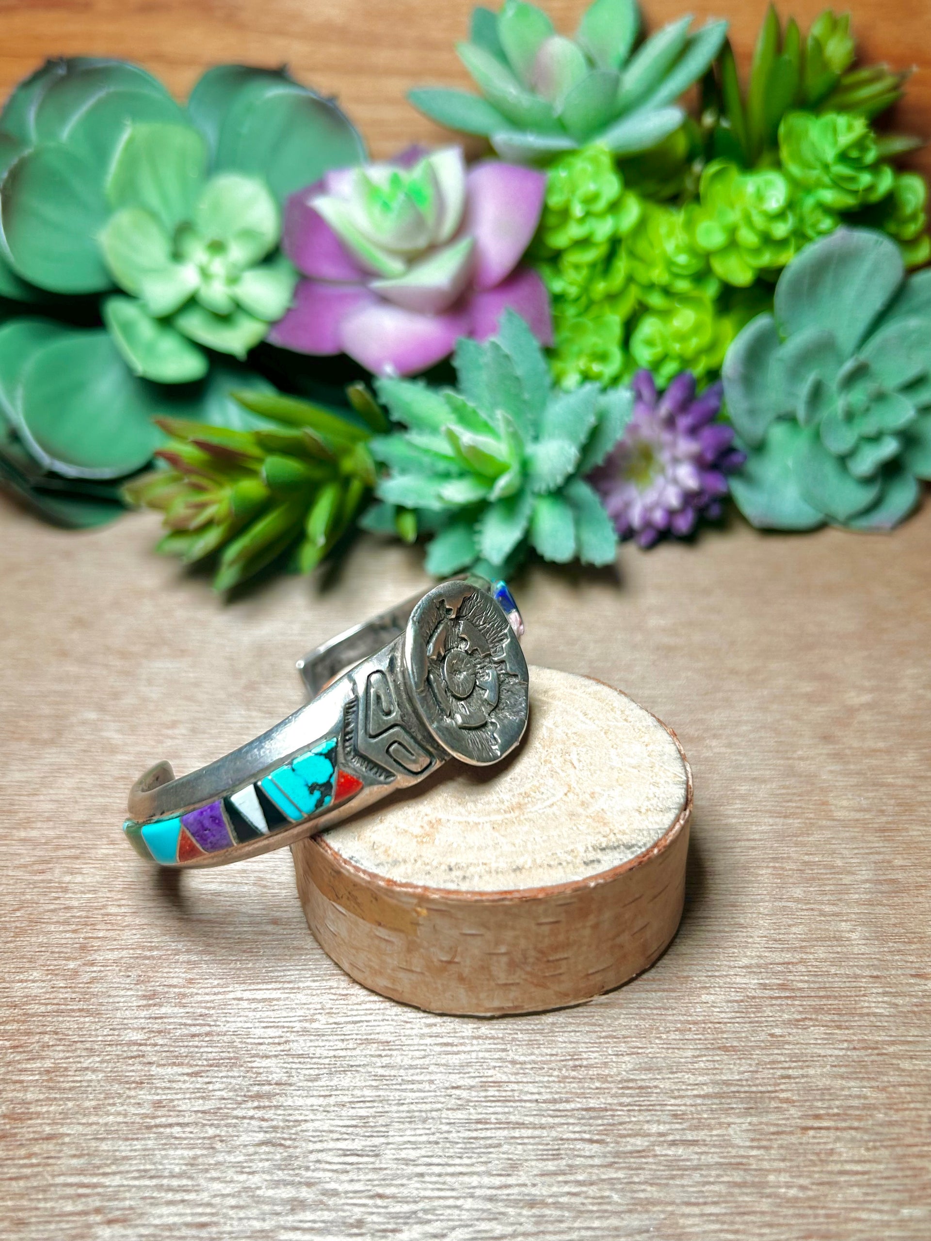 Vintage Navajo Multi Stone & Sterling Silver Cuff Bracelet