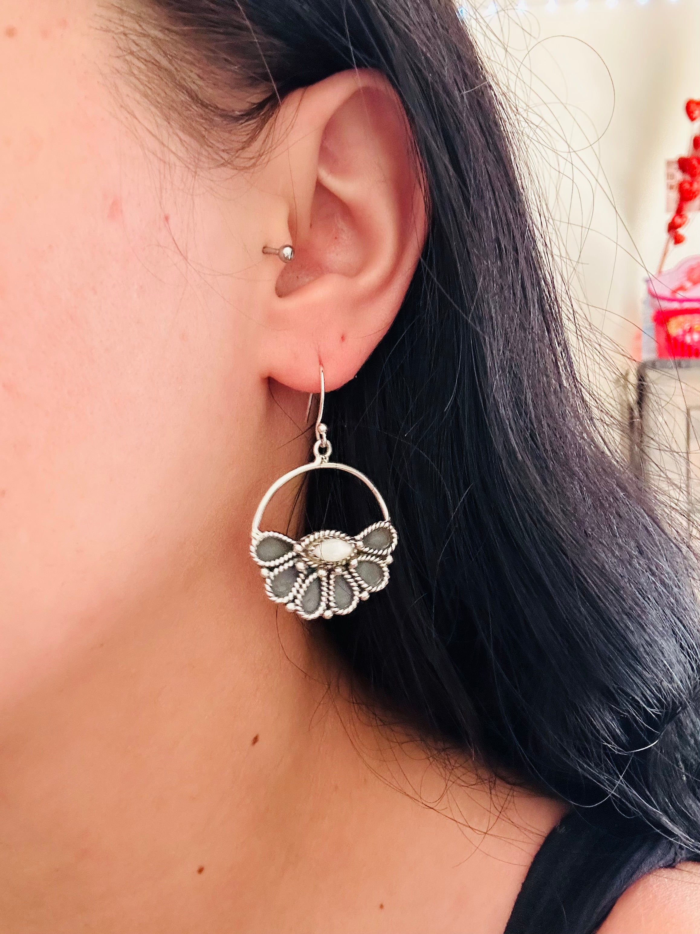 Southwest Handmade Mother of Pearl & Sterling Silver Half Flower Dangle Earrings