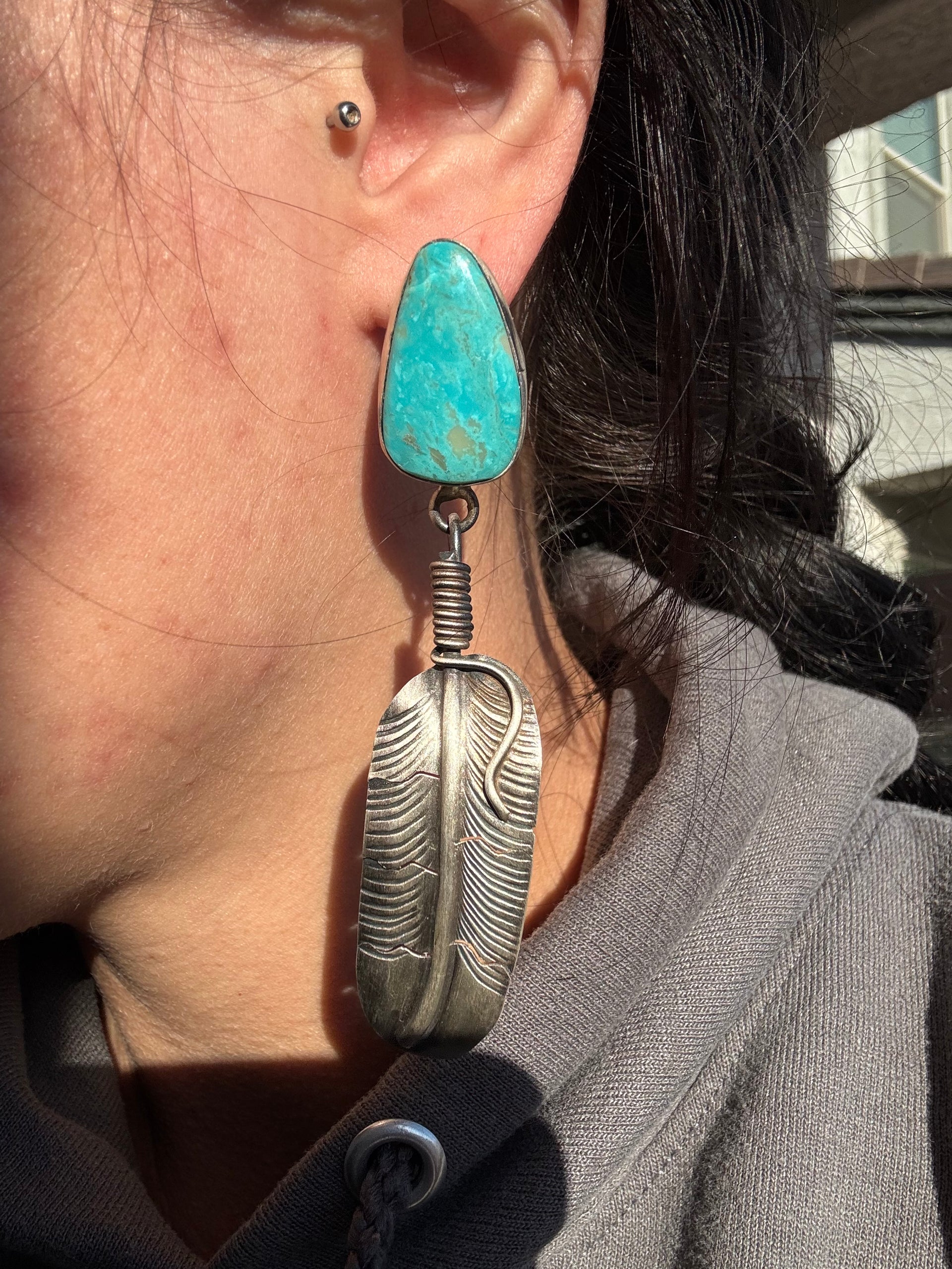 Kobe Martinez Kingman Turquoise & Sterling Silver Post Dangle Feather Earrings