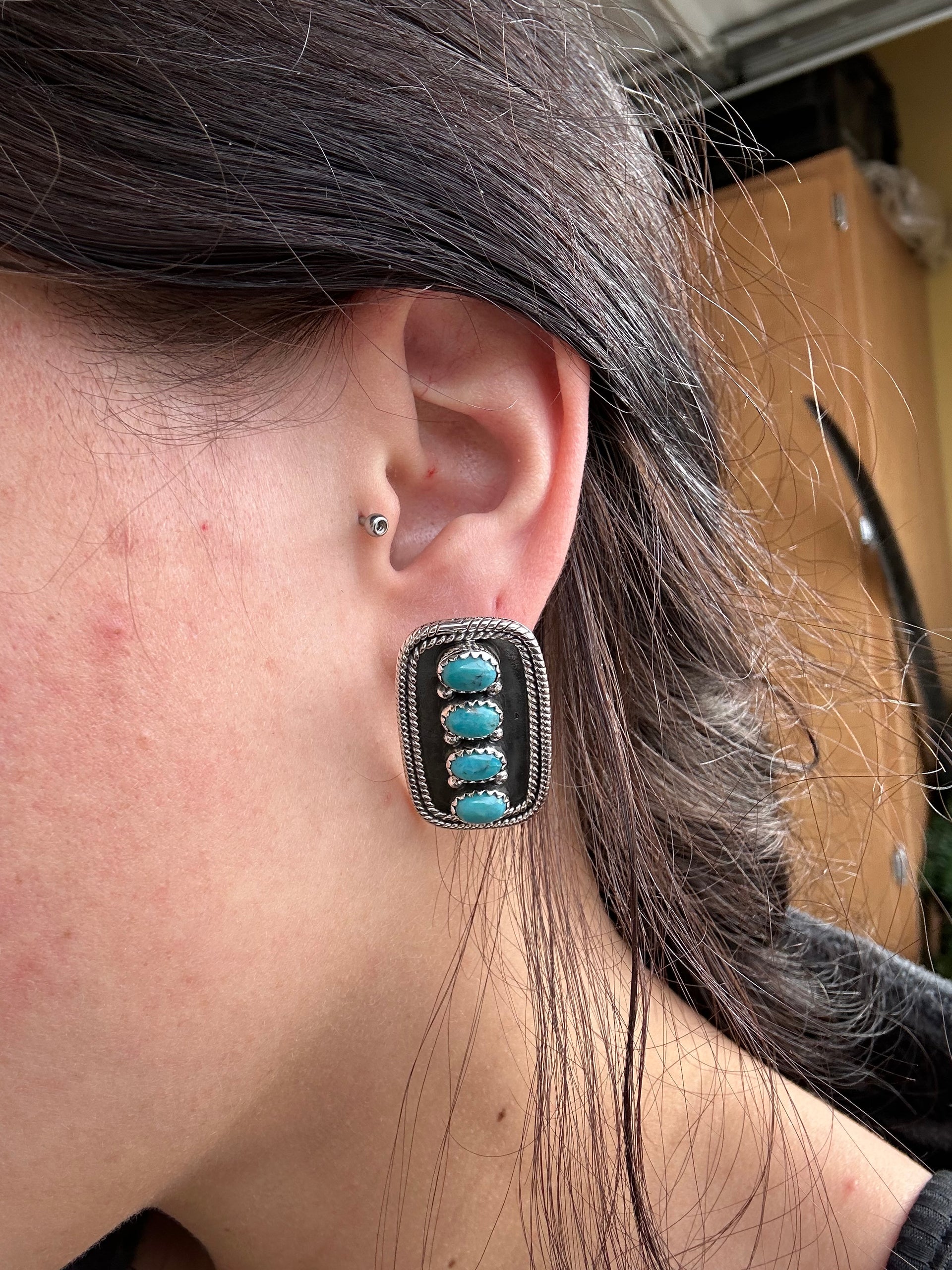 Southwest Handmade Kingman Turquoise & Sterling Silver Post Dangle Cluster Earrings