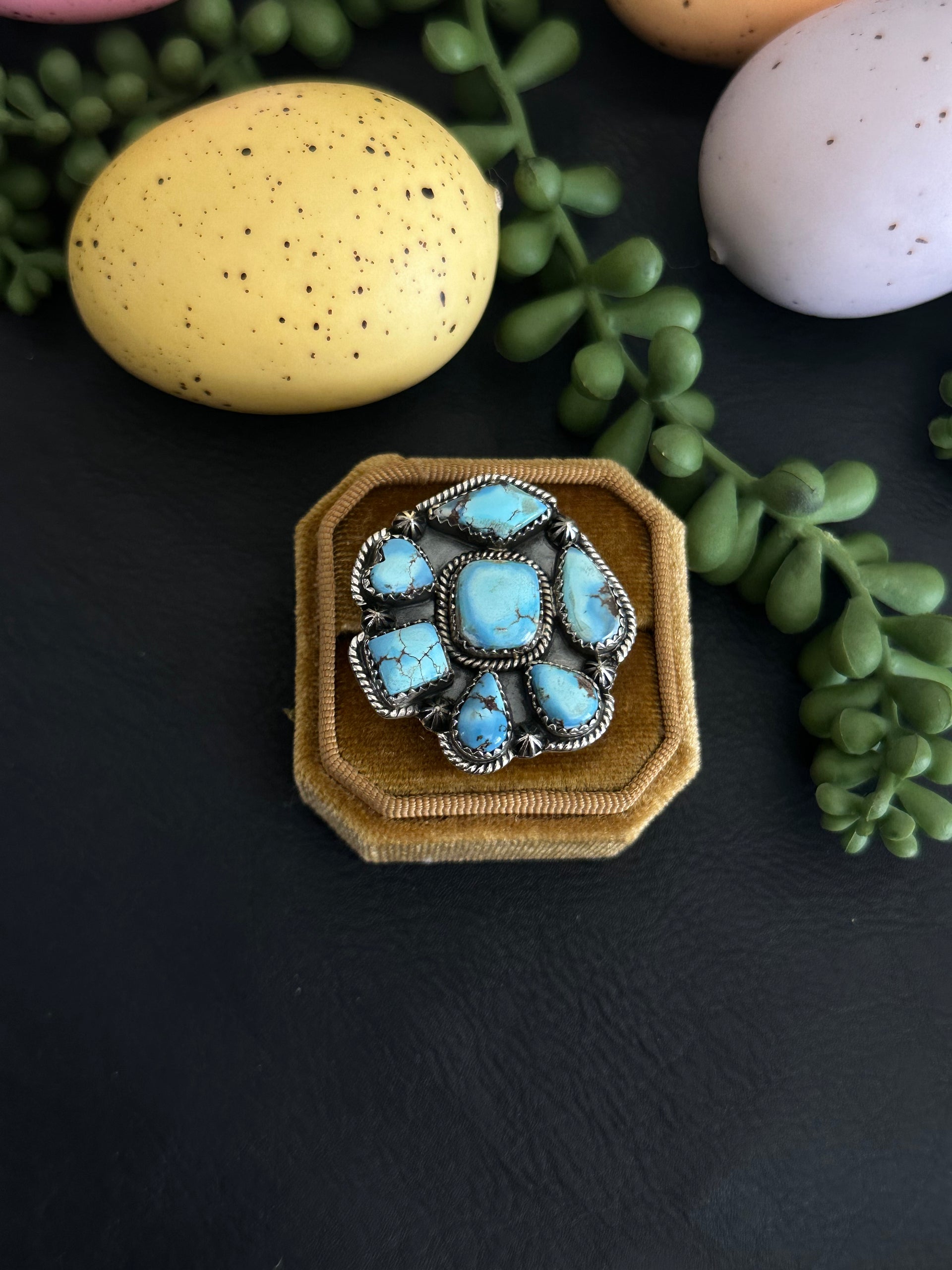 Southwest Handmade Golden Hills Turquoise & Sterling Silver Adjustable Cluster Ring