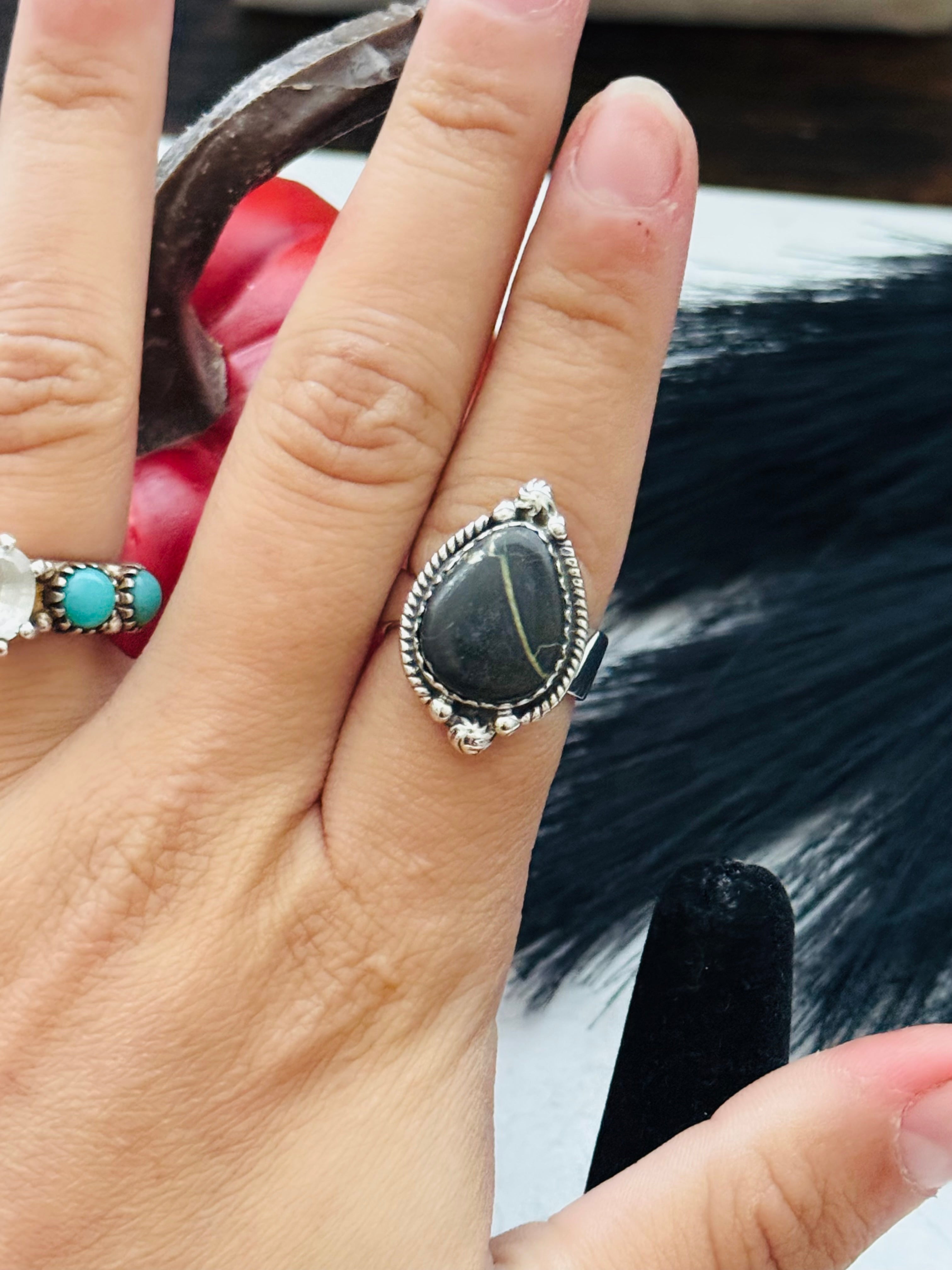 Southwest Handmade Black Jack Turquoise & Sterling Silver Adjustable Ring