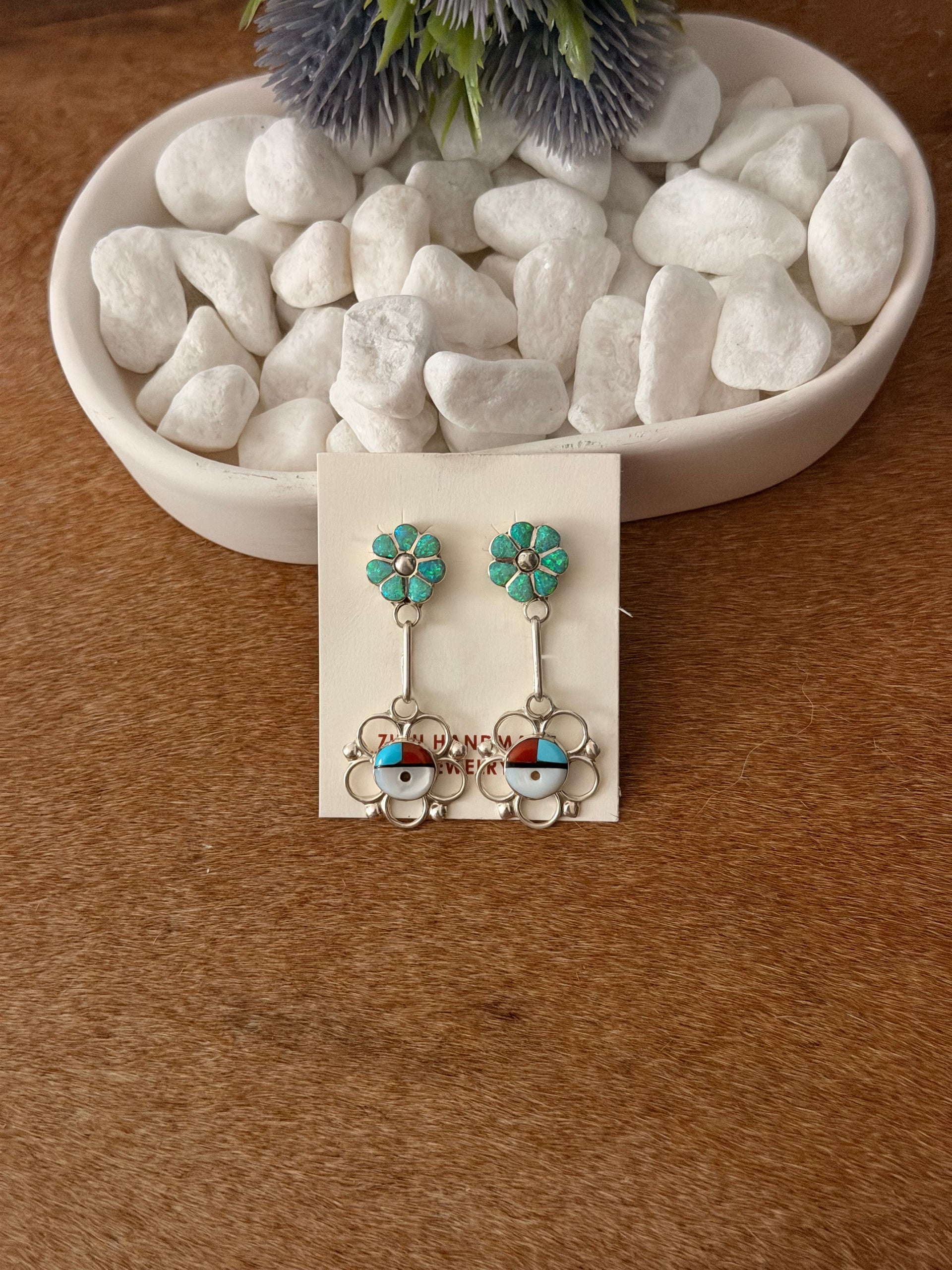 Zuni Made Multi Stone & Sterling Silver Inlay Sunface Dangle Earrings