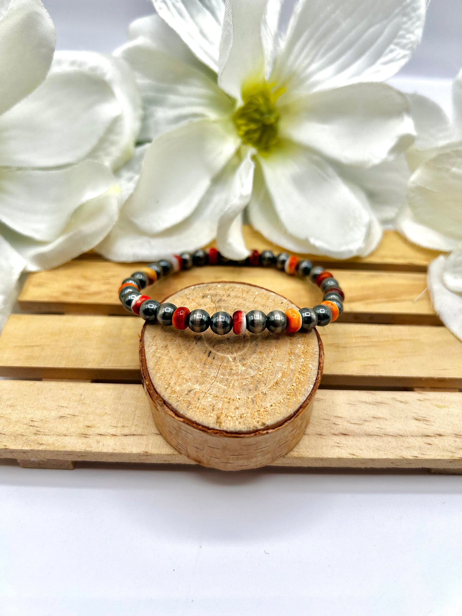Navajo Made Spiny Oyster & Sterling Sliver  Strung Stretchy Bracelet