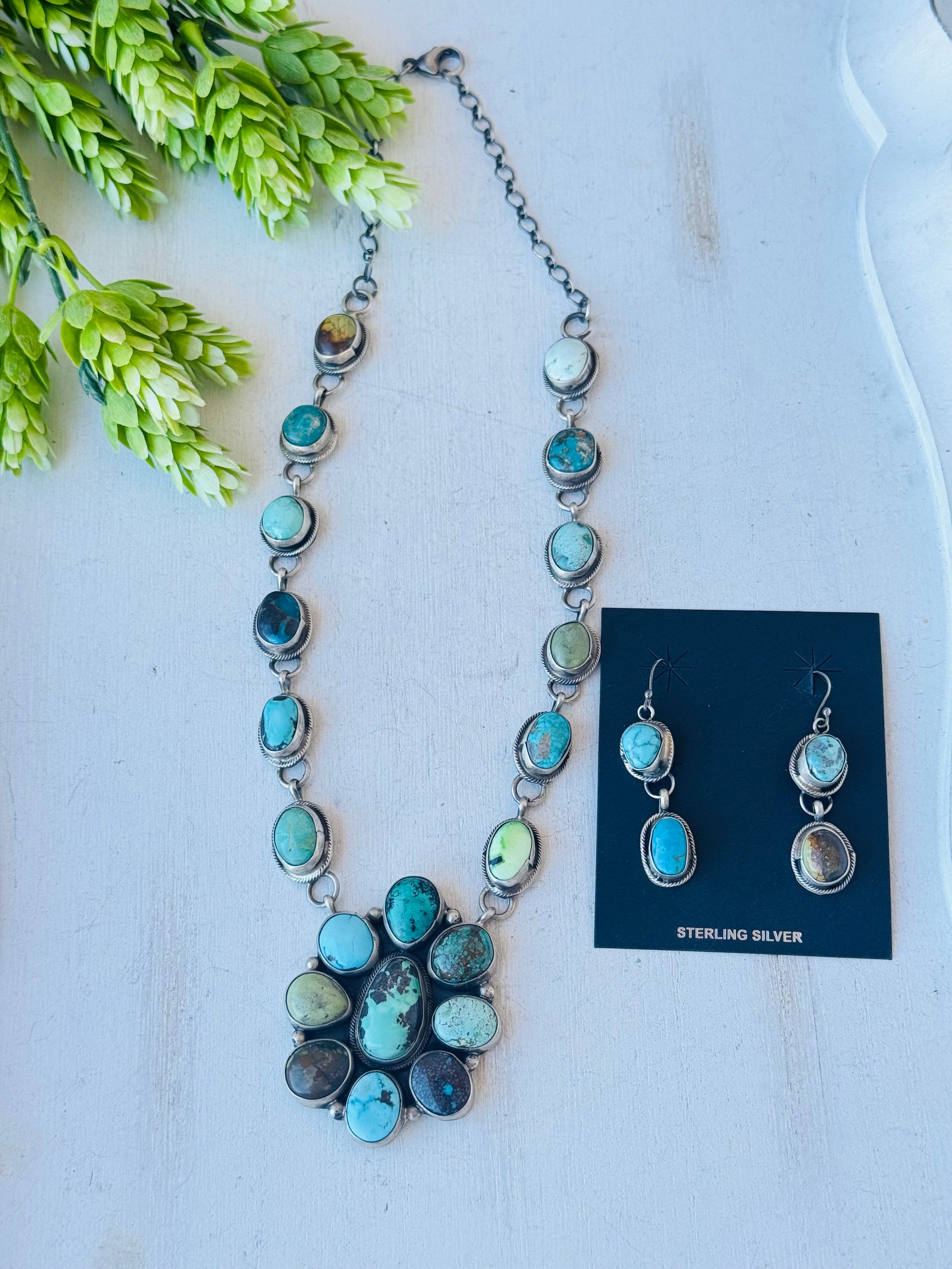 Navajo Made Multi Turquoise & Sterling Silver Cluster Necklace Set