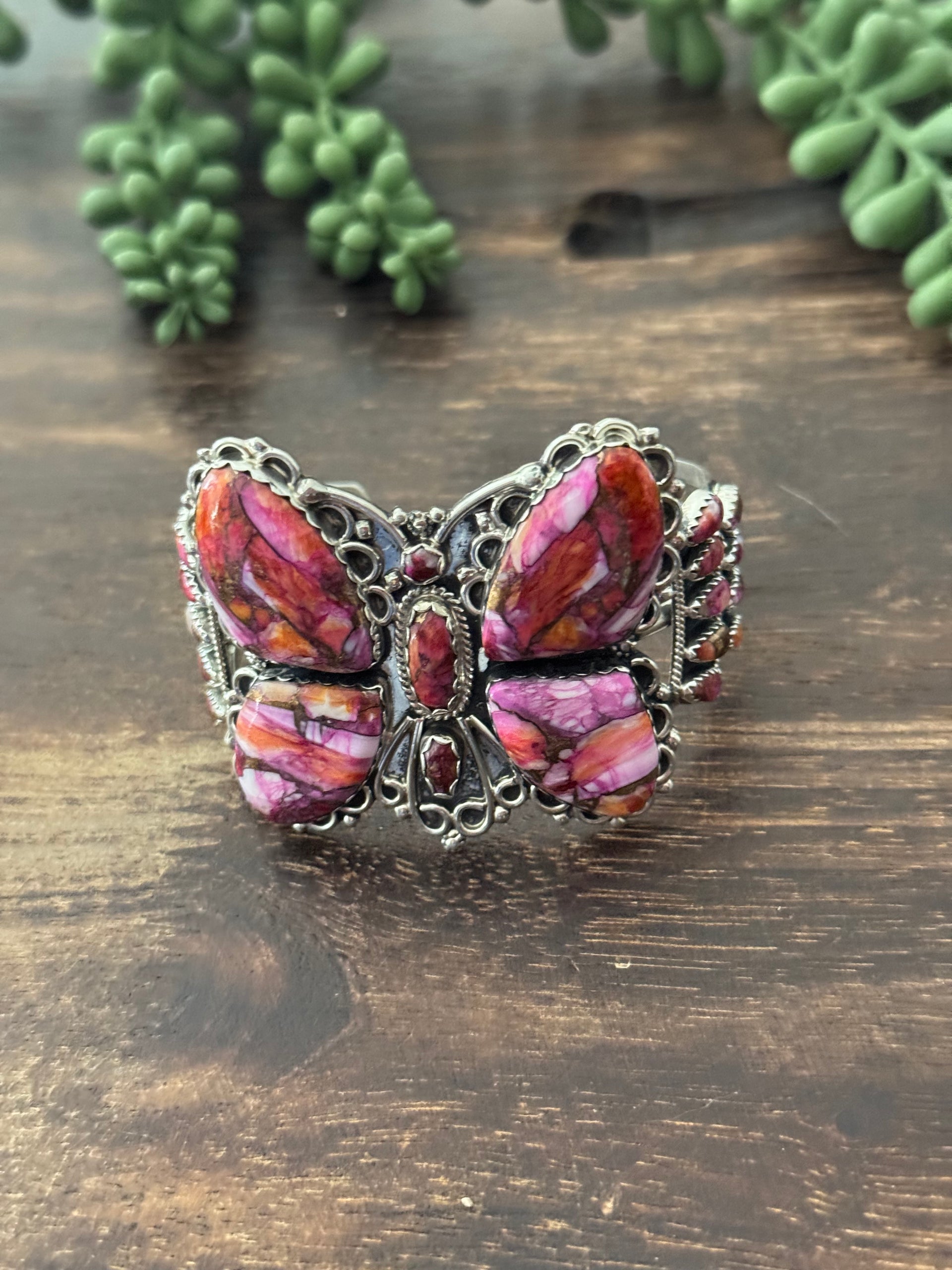 Navajo Made Pink Mohave Turquoise & Sterling Silver Butterfly Cuff Bracelet