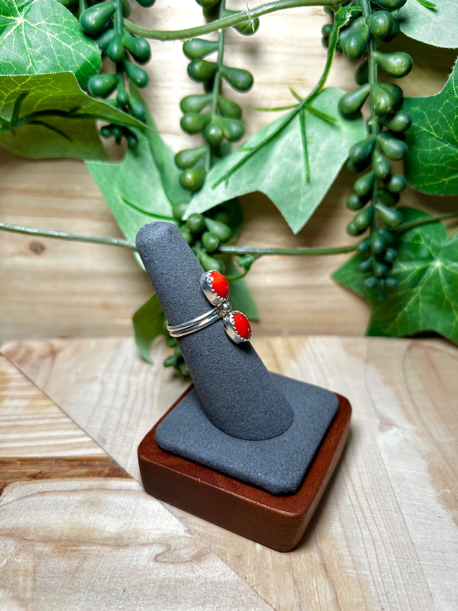 Navajo Made Natural Coral & Sterling Silver Ring Size 6