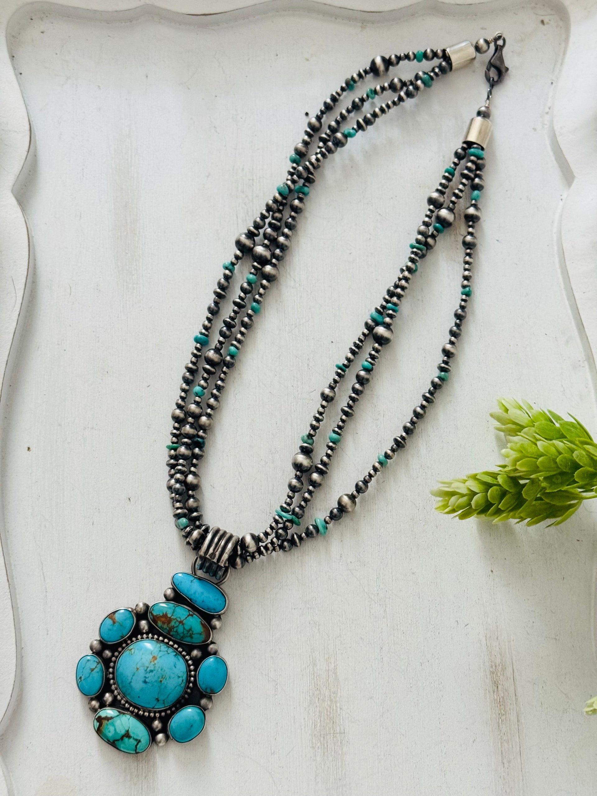 Betty Tom Mixed Turquoise & Sterling Silver Pearl Necklace/Pendant