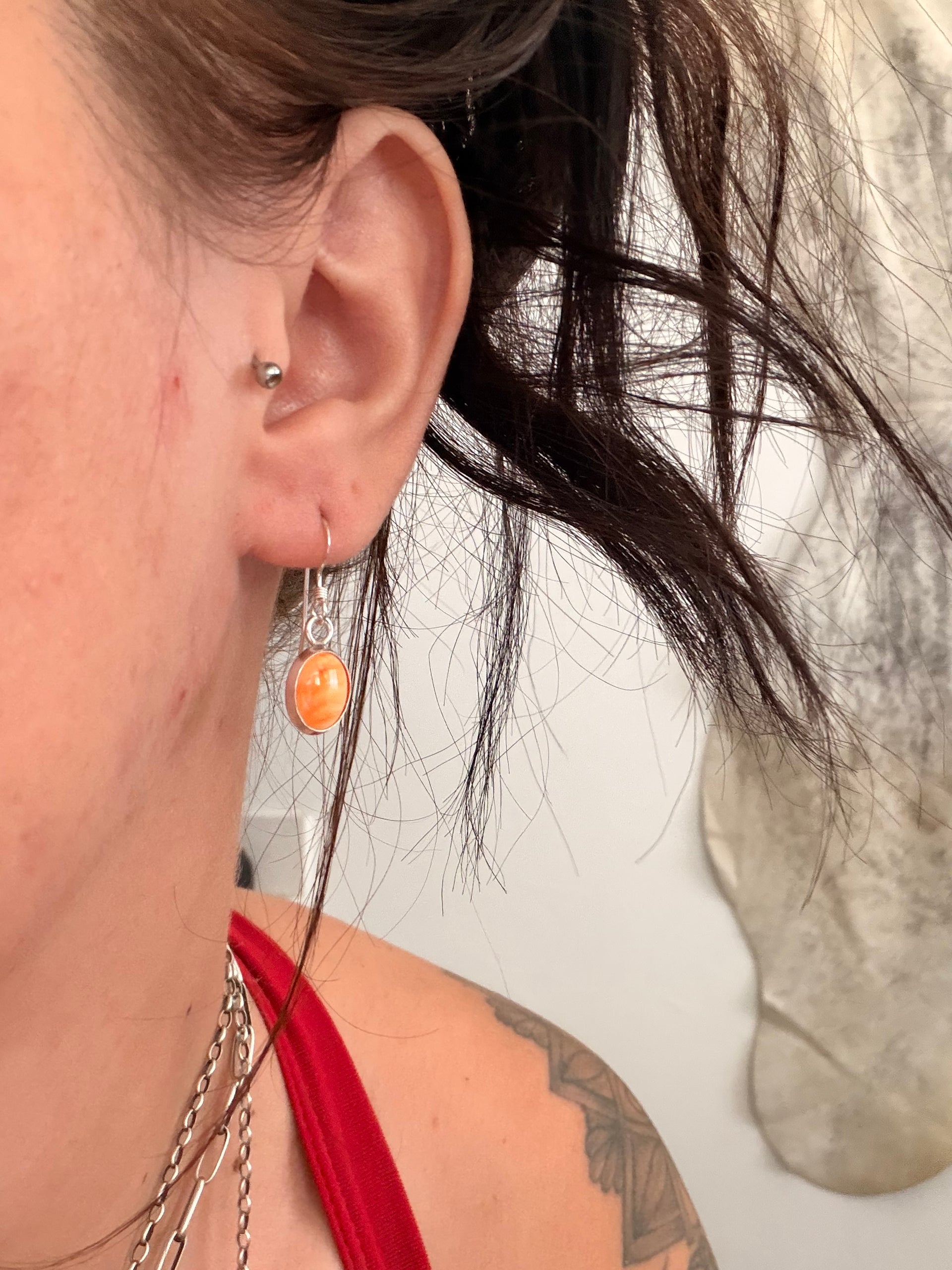 Navajo Handmade Spiny Oyster & Sterling Silver Dangle Earrings