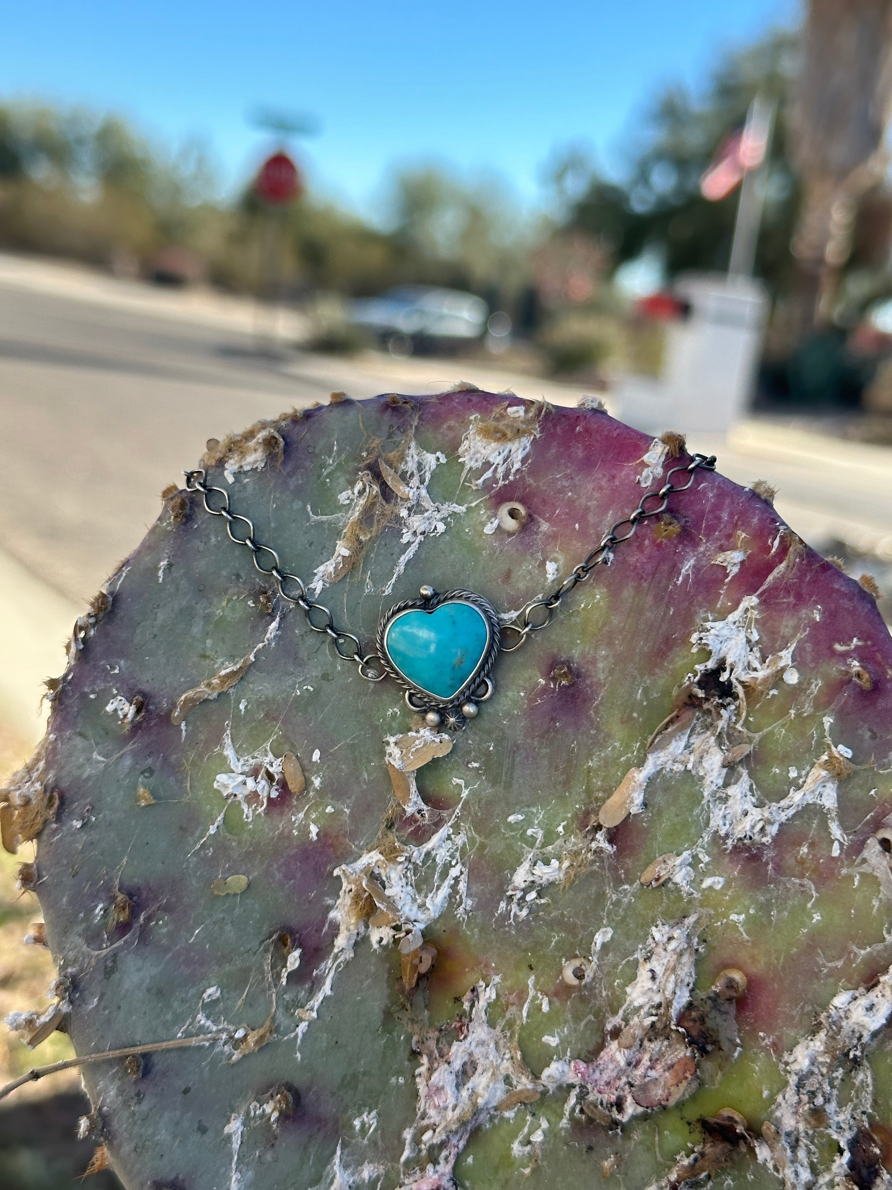 Navajo Made Kingman Turquoise & Sterling Silver Heart Bracelet