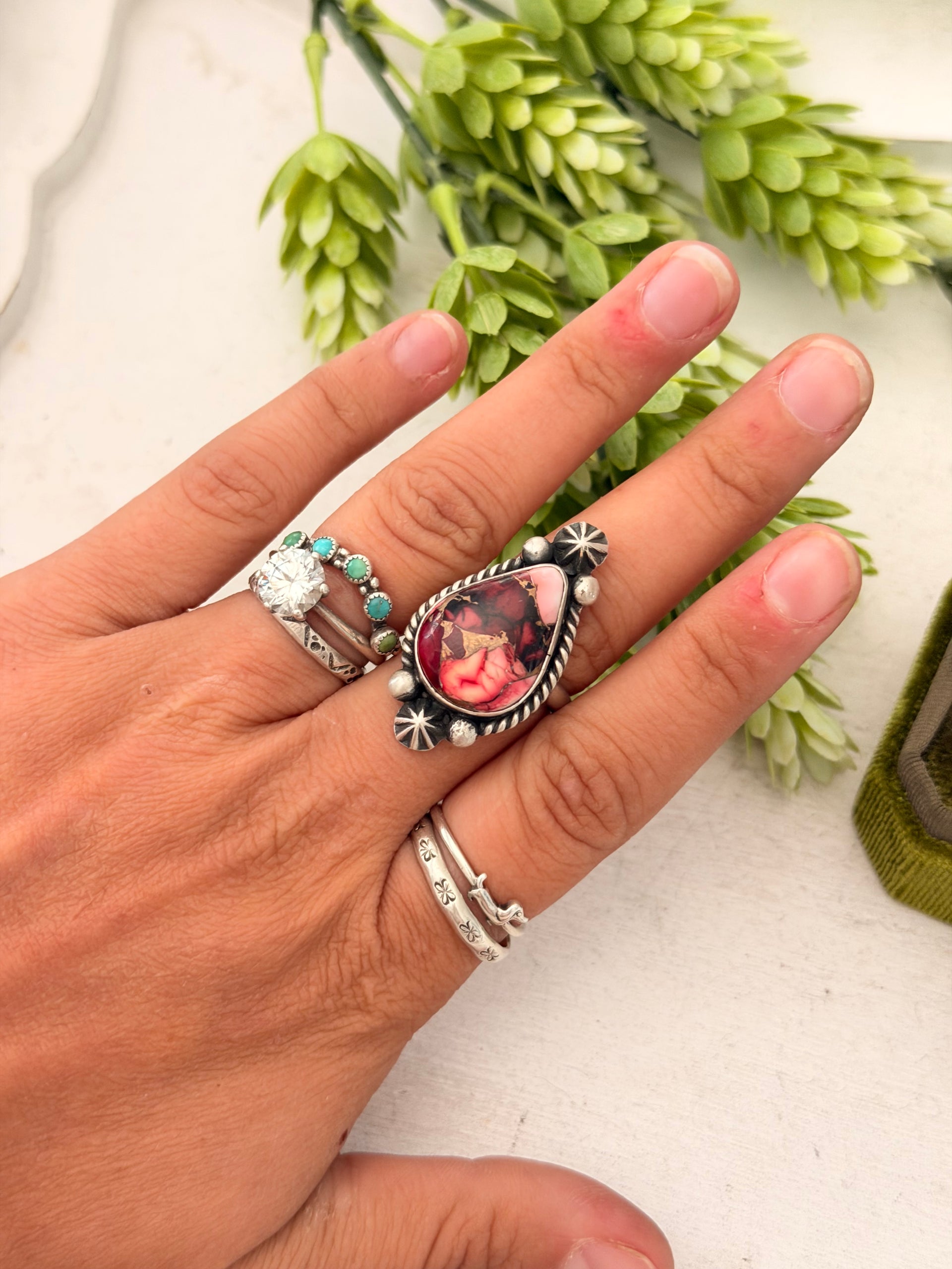 Johnny Dixon Rose Dahlia & Sterling Sliver Cluster Adjustable Ring