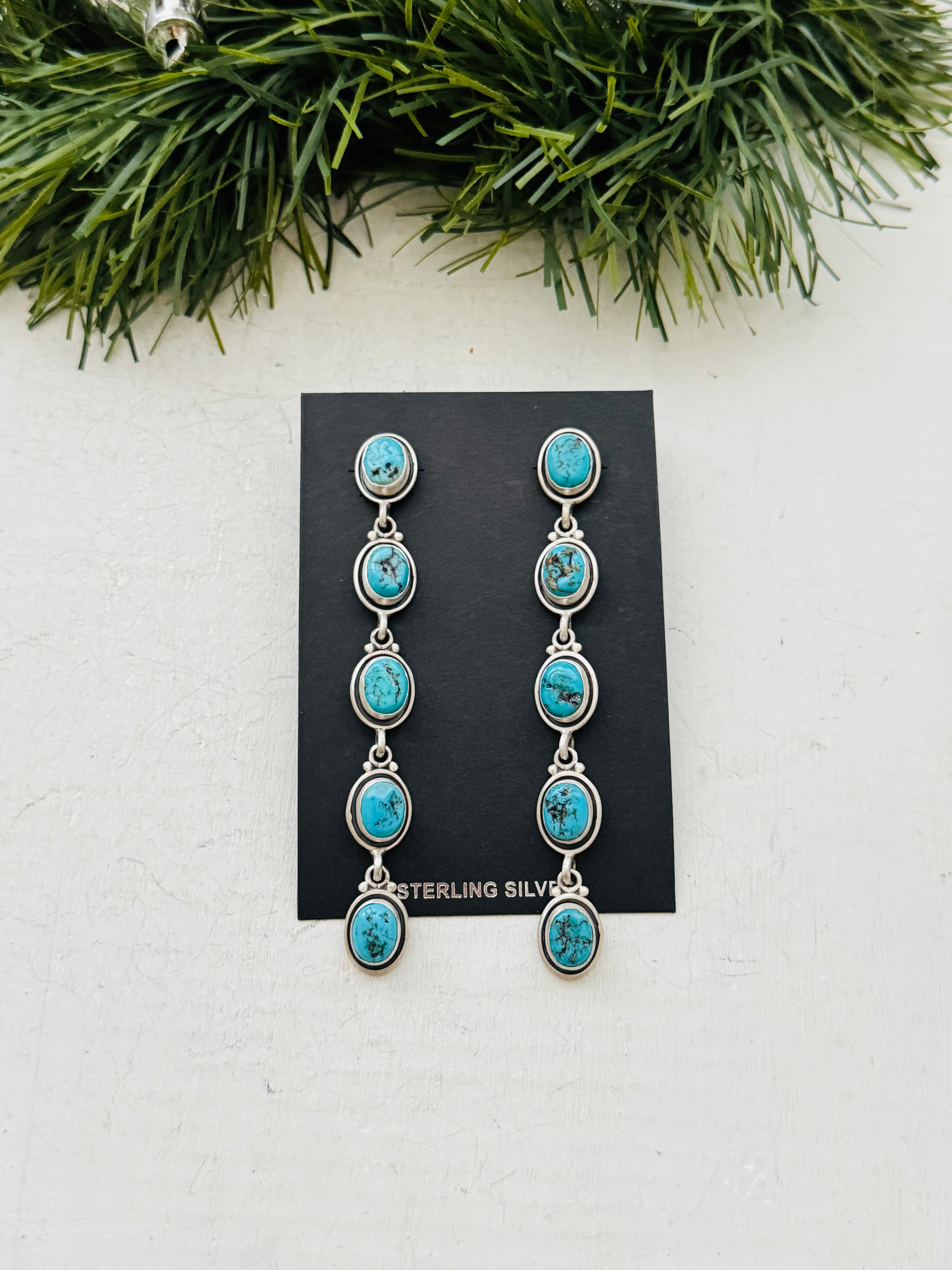 Navajo Made Kingman Turquoise & Sterling Silver Post Dangle Earrings