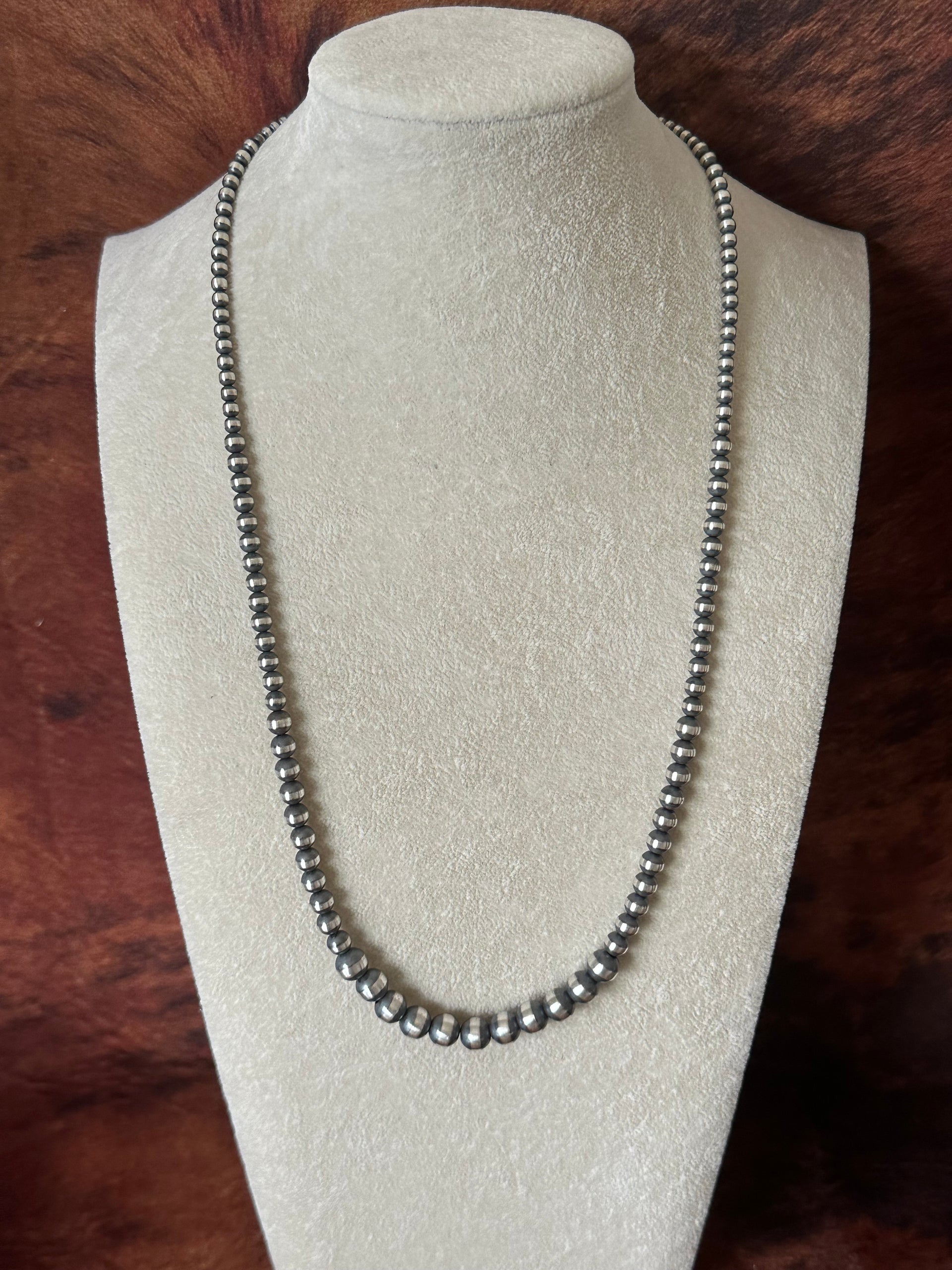 Navajo Strung 3 MM-8 MM Graduated Sterling Silver Pearls Beaded Necklace
