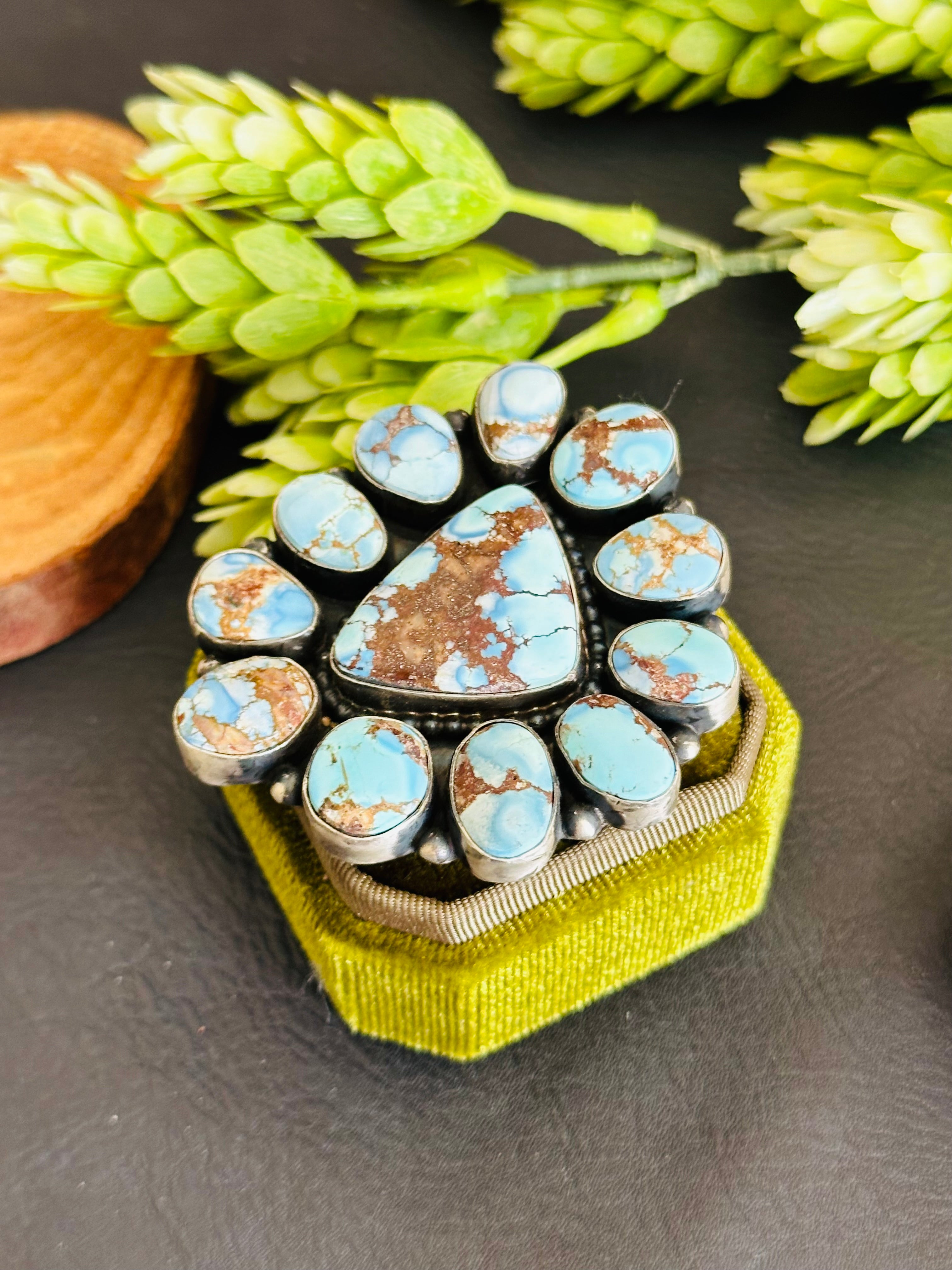 Navajo Made High Grade Golden Hills Turquoise & Sterling Silver Cluster Ring Size 7