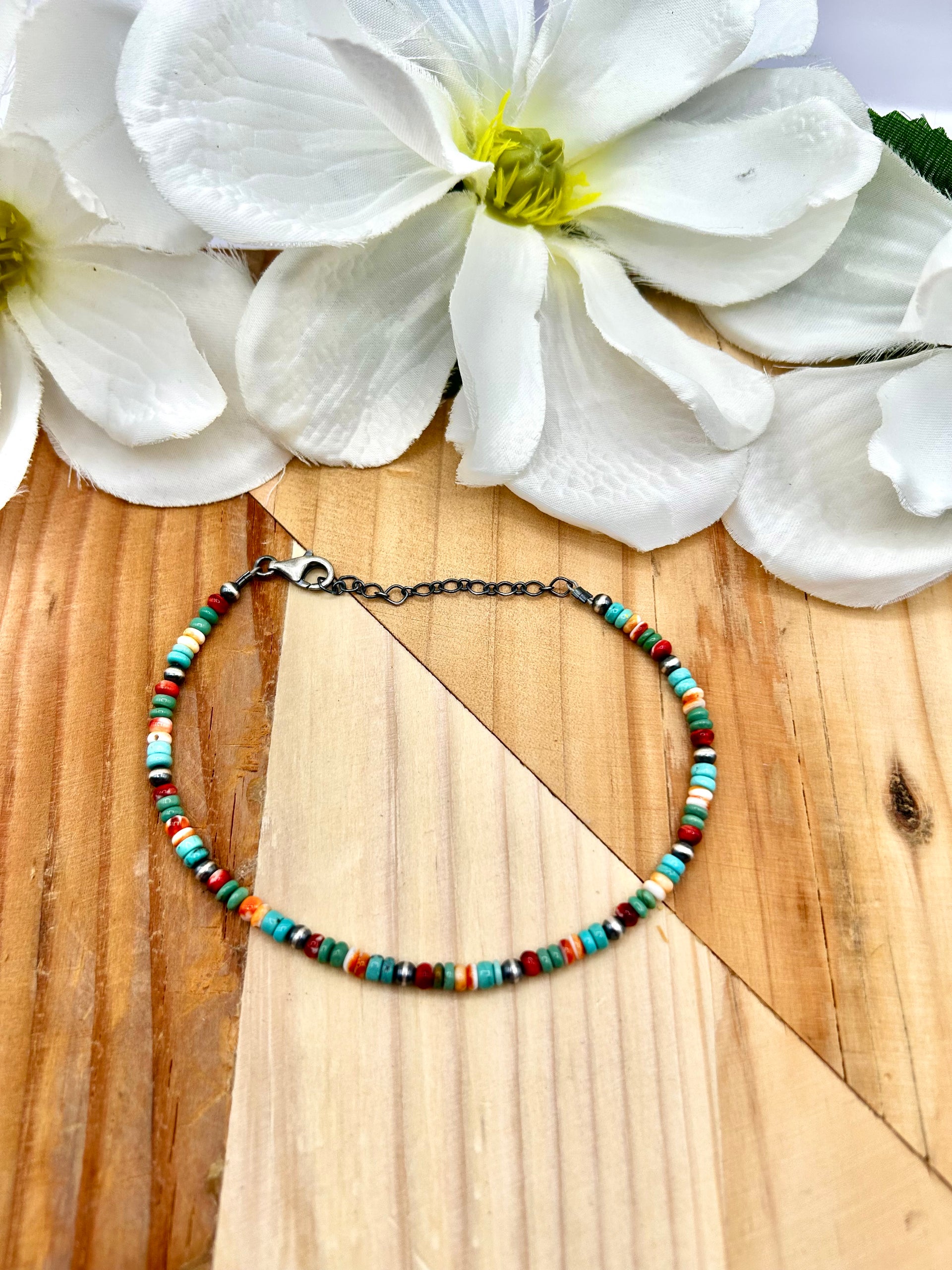 Navajo Made Multi Stone & Sterling Silver Strung Anklet