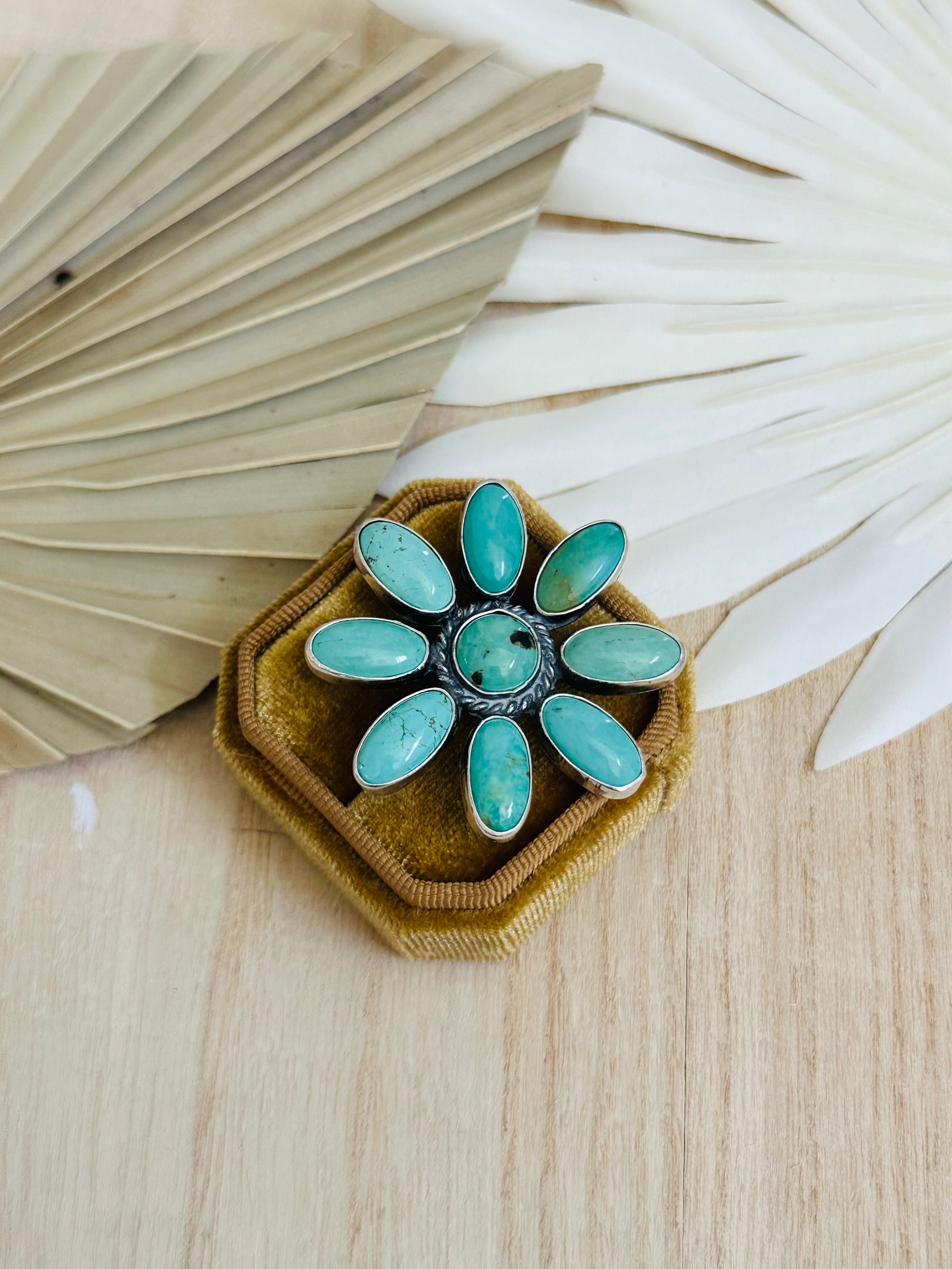 Navajo Made Kingman Turquoise & Sterling Silver Adjustable Cluster Ring