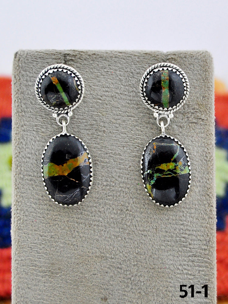 Southwest Made Black Jack Turquoise & Sterling Silver Post Dangle Earrings
