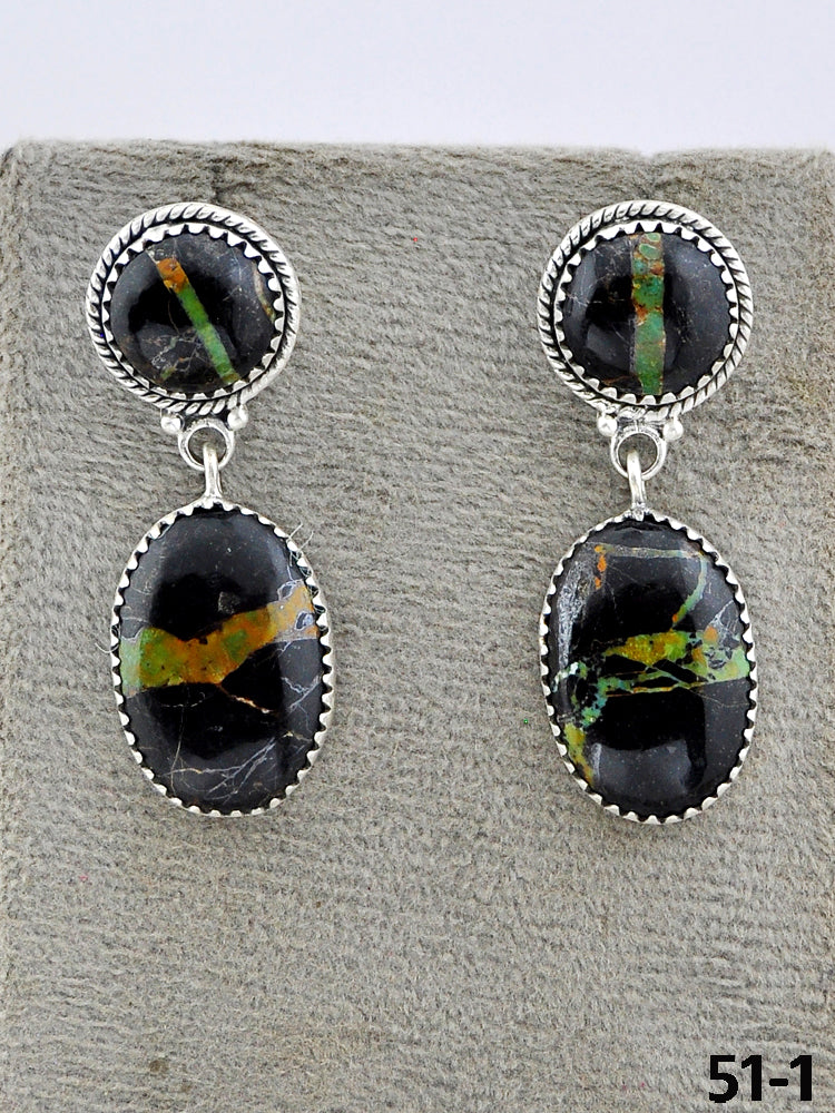 Southwest Made Black Jack Turquoise & Sterling Silver Post Dangle Earrings