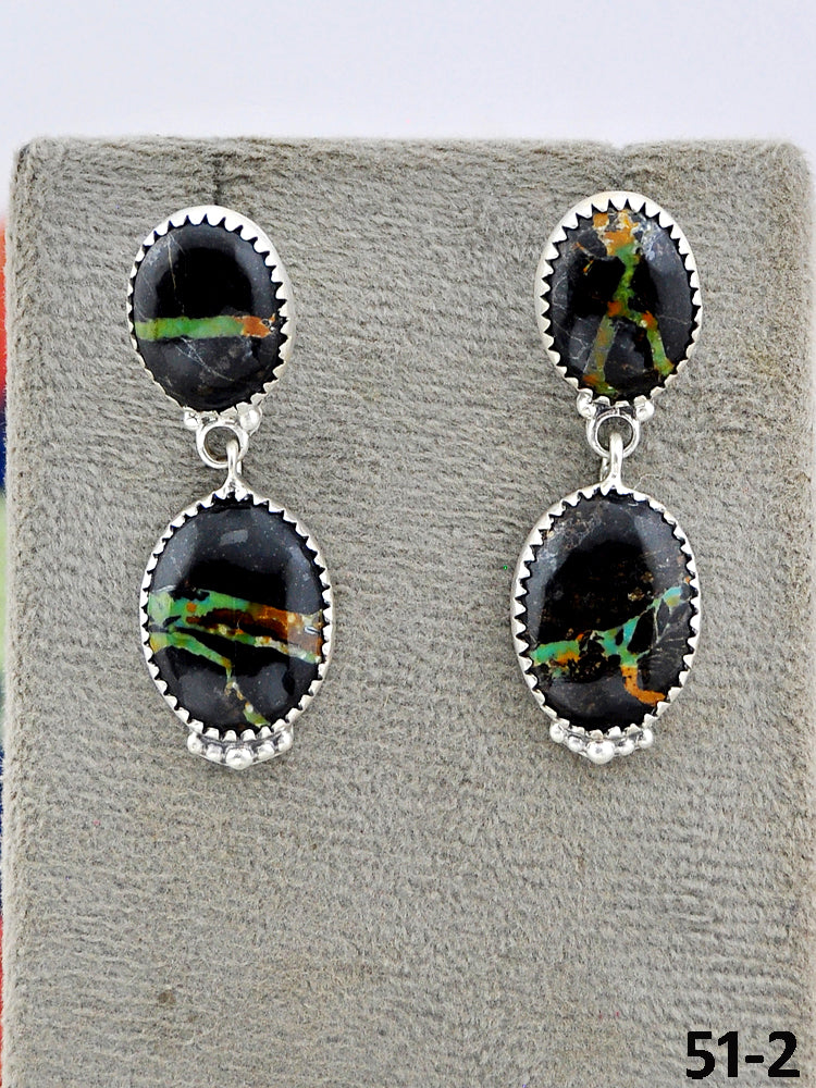 Southwest Made Black Jack Turquoise & Sterling Silver Post Dangle Earrings