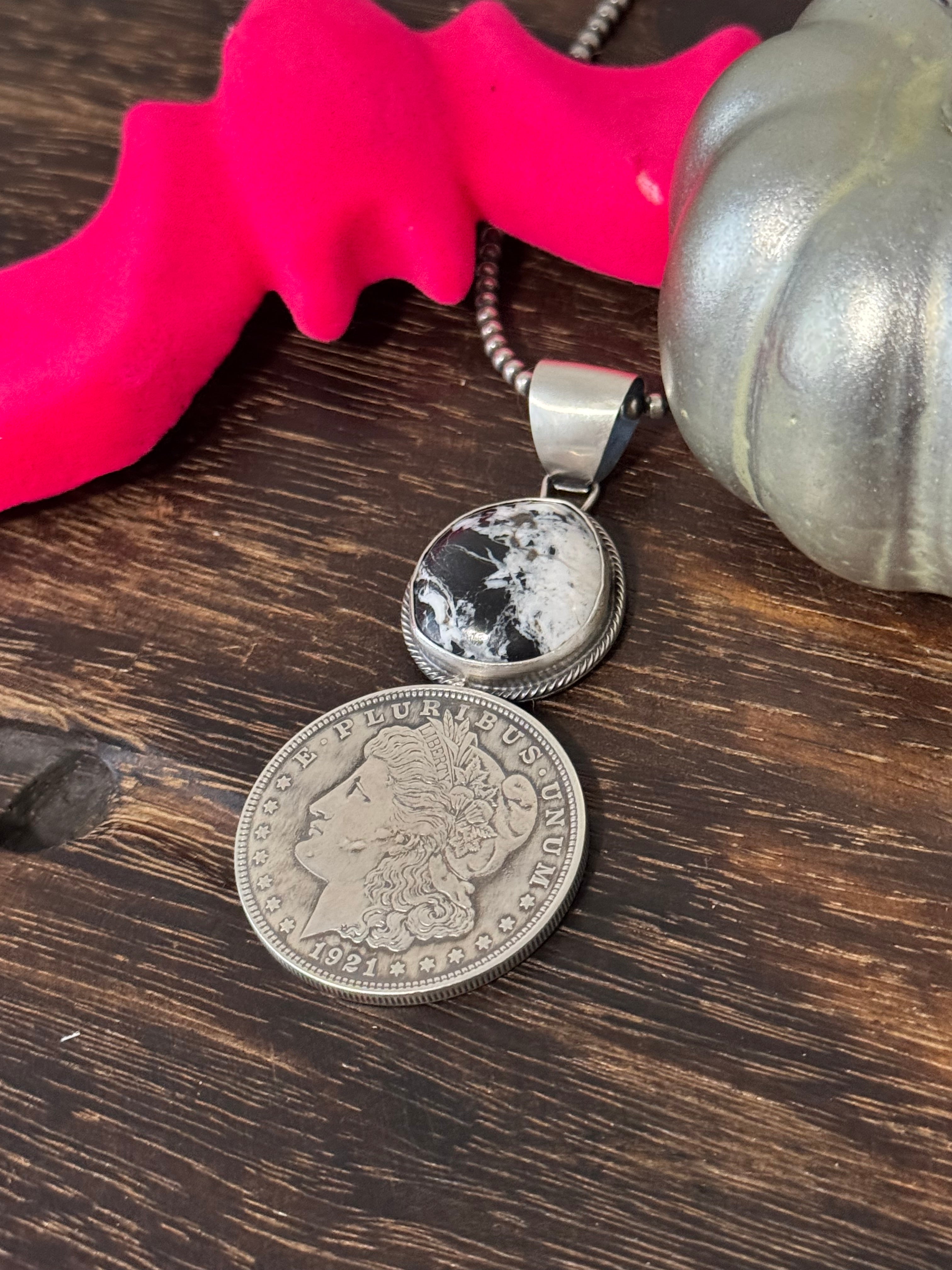 Sheila Tso White Buffalo & Sterling Silver Dollar Coin Pendant