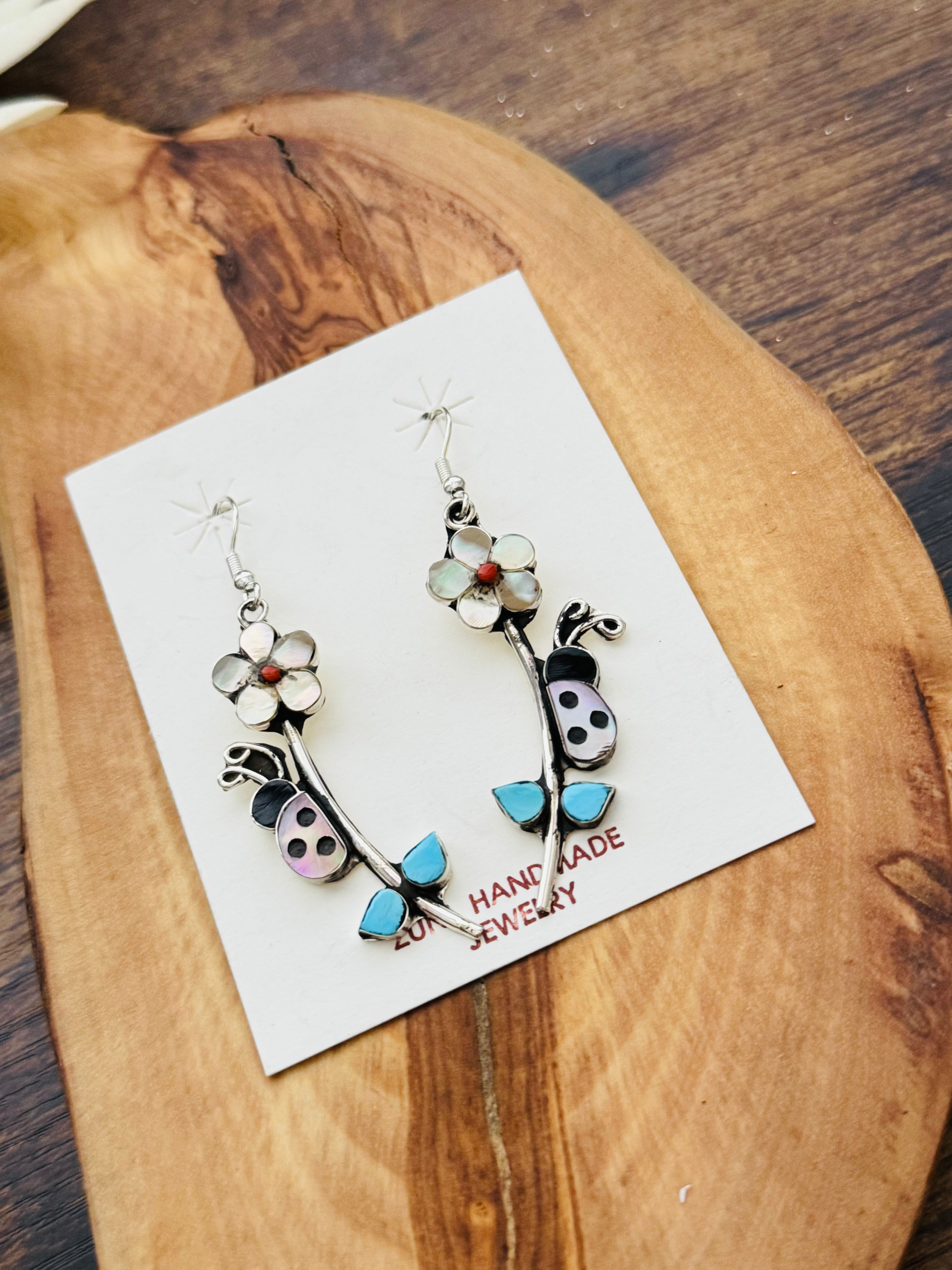 Zuni Made Multi Stone & Sterling Silver Dangle Earrings