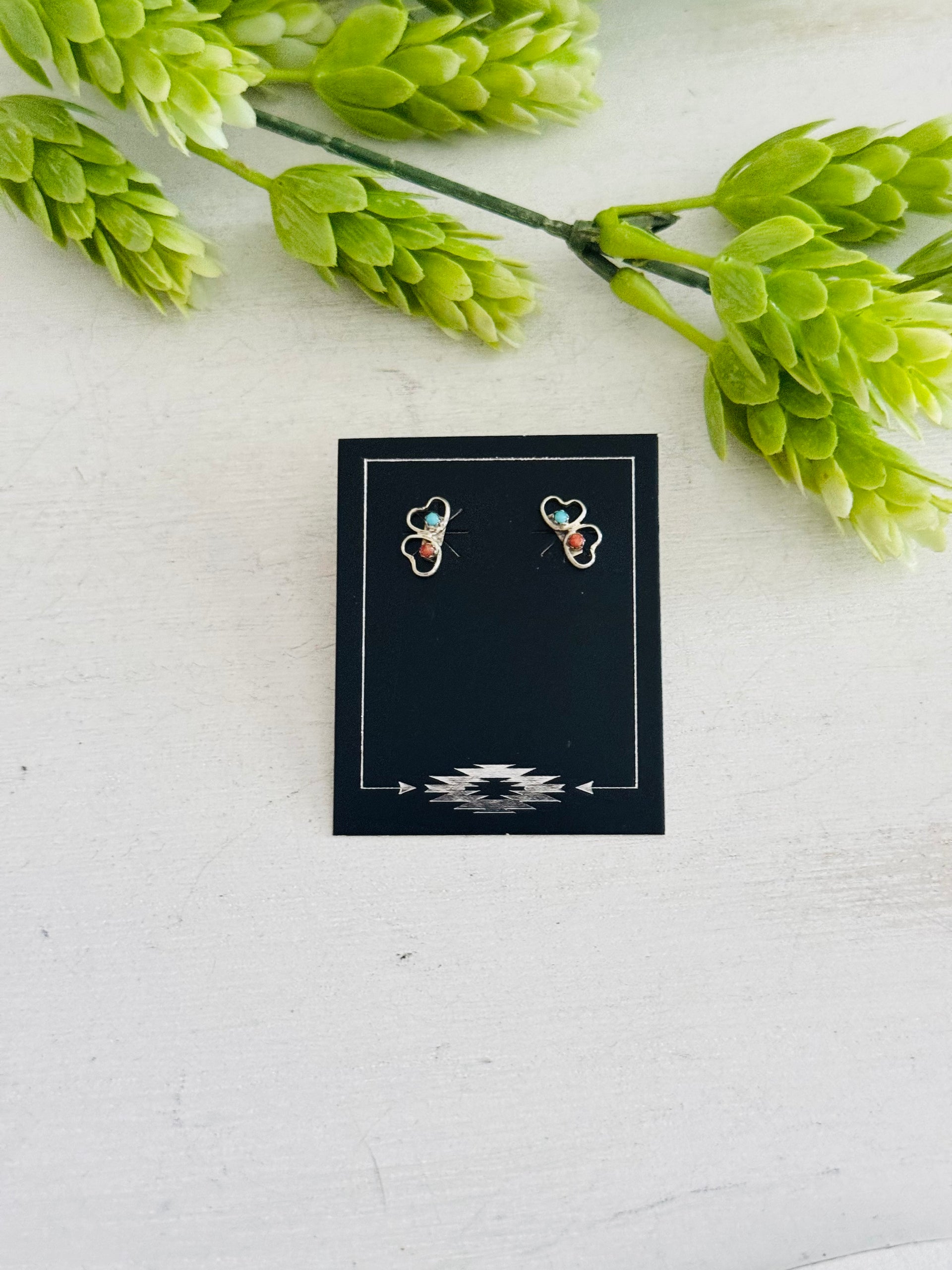 Zuni Made Multi Stone & Sterling Silver Heart Post Earrings