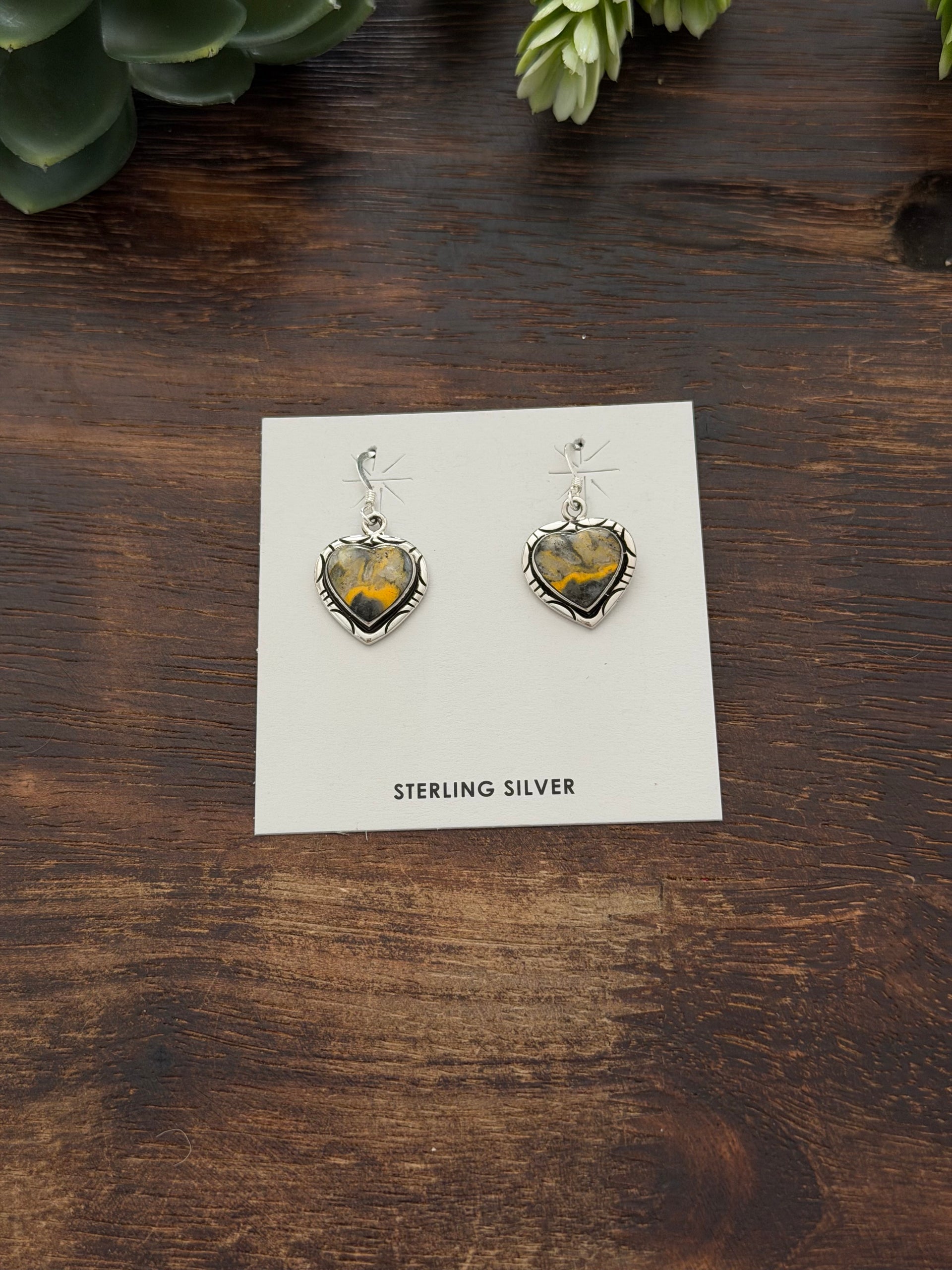 Navajo Made BB Agate & Sterling Silver Dangle Heart Earrings